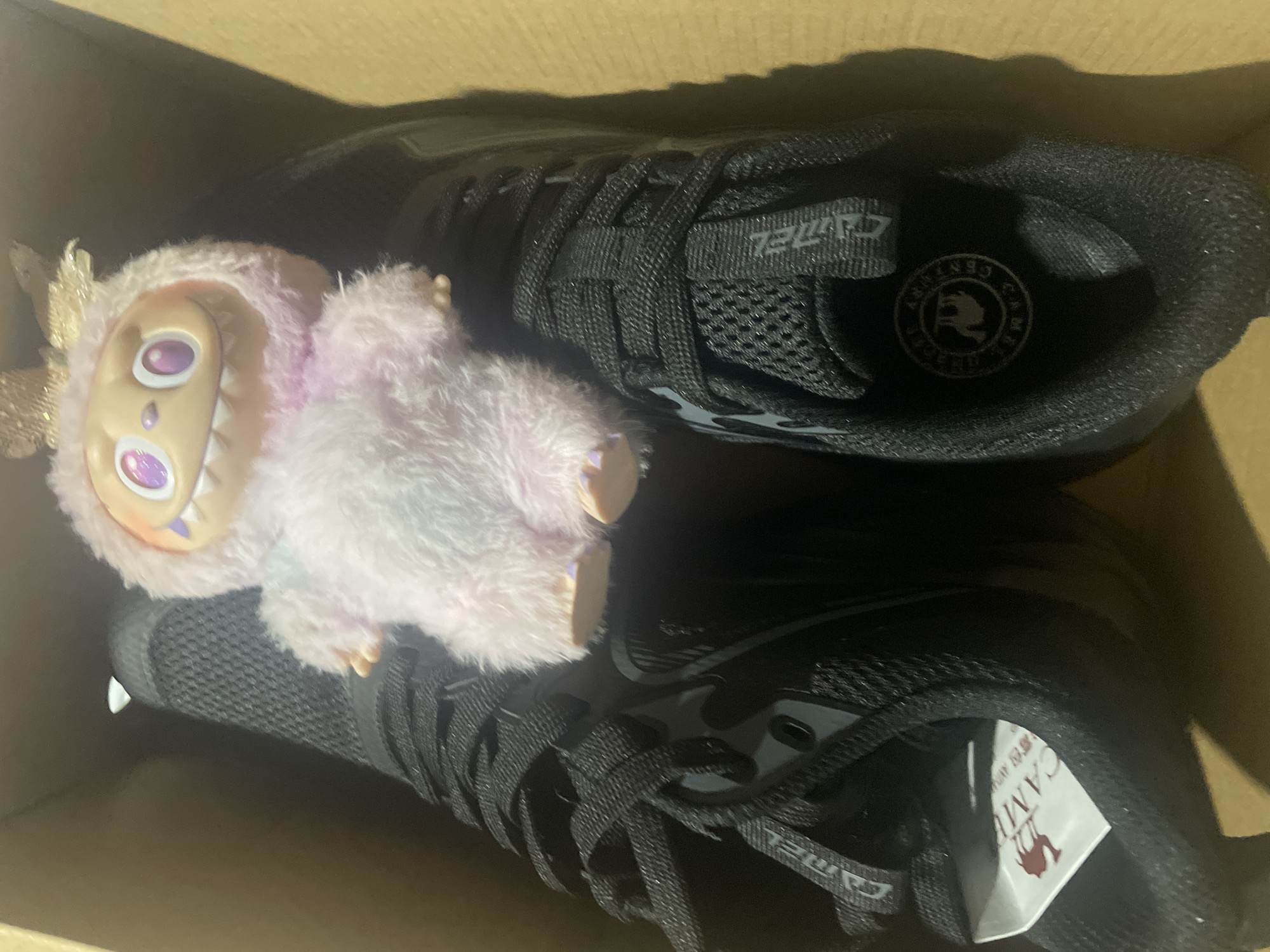 A pair of new, black athletic shoes from the brand "CAMEL" are positioned side-by-side inside a brown cardboard box. The shoes feature black mesh uppers, black flat laces, and the "CAMEL" brand name and distinctive camel logo visible on the tongue tags and the insoles. Resting on top of the shoes, slightly favoring the right shoe, is a small, fuzzy plush toy. This toy is predominantly light pink and white with hints of blue, features a tan face with large, circular purple eyes and a smiling mouth revealing small white teeth, and has a glittery gold, tinsel-like accessory on its head. The items appear to be recently placed or unboxed within the confines of the cardboard packaging. The provided image lacks visual identifiers to confirm a specific city location, such as Davao City, Philippines.