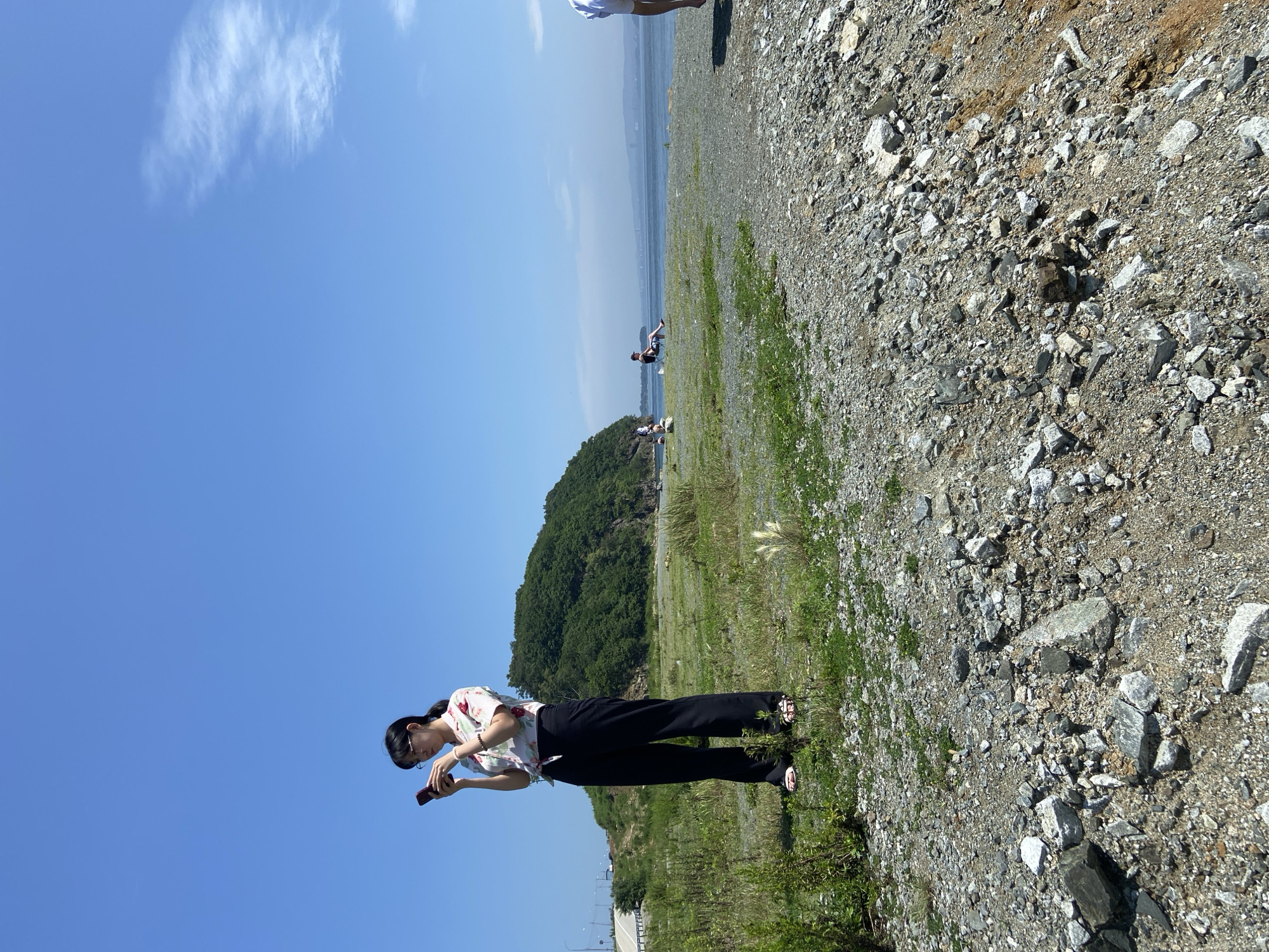A young woman wearing glasses and a floral print shirt with black pants stands on a rocky shoreline, looking at her phone. The shoreline is covered in gray stones and patches of green grass. Behind her, a large, tree-covered hill rises from the land. The sea stretches out in front of her, with a hazy skyline visible in the distance. The sky is clear blue with a few wispy clouds. In the background, other people are visible further down the beach, some sitting in chairs and others walking. A road with cars can be seen in the upper left corner of the image. The overall scene suggests a coastal area, likely a park or recreational spot in Vladivostok, Russia, on a sunny day.