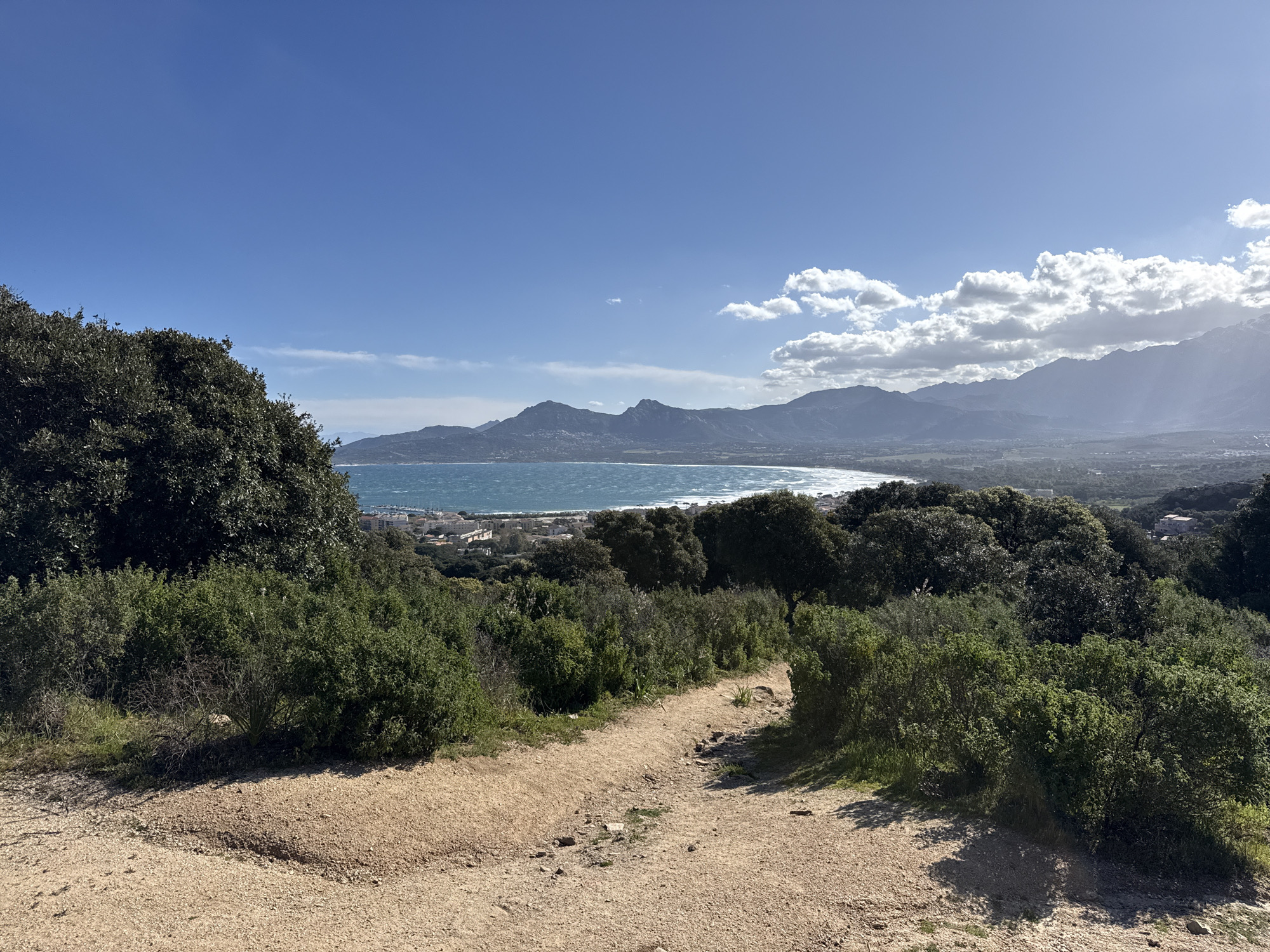 A high-angle panoramic photograph captures a landscape overlooking the Bay of Calvi, France, under a clear blue sky with scattered white clouds. In the immediate foreground, a light brown dirt path, uneven and marked with small rocks and patches of grass, descends towards the viewer's left. Dense green shrubs and trees line both sides of this path, with darker, more substantial tree cover visible further back on the left.
Midground elements reveal a significant body of turbulent blue water, identified as the Bay of Calvi, with visible whitecaps indicating wave activity. Along the coastline, a compact urban area with numerous light-colored buildings is visible, including what appears to be a marina with docked boats.
The background is dominated by a range of hazy, dark blue-grey mountains stretching across the horizon. The sky above is a vibrant blue, featuring several fluffy white cumulus clouds, particularly dense in the upper right quadrant, where sunlight appears to break through, creating visible light rays. No people, animals, or specific actions are discernible within the frame.