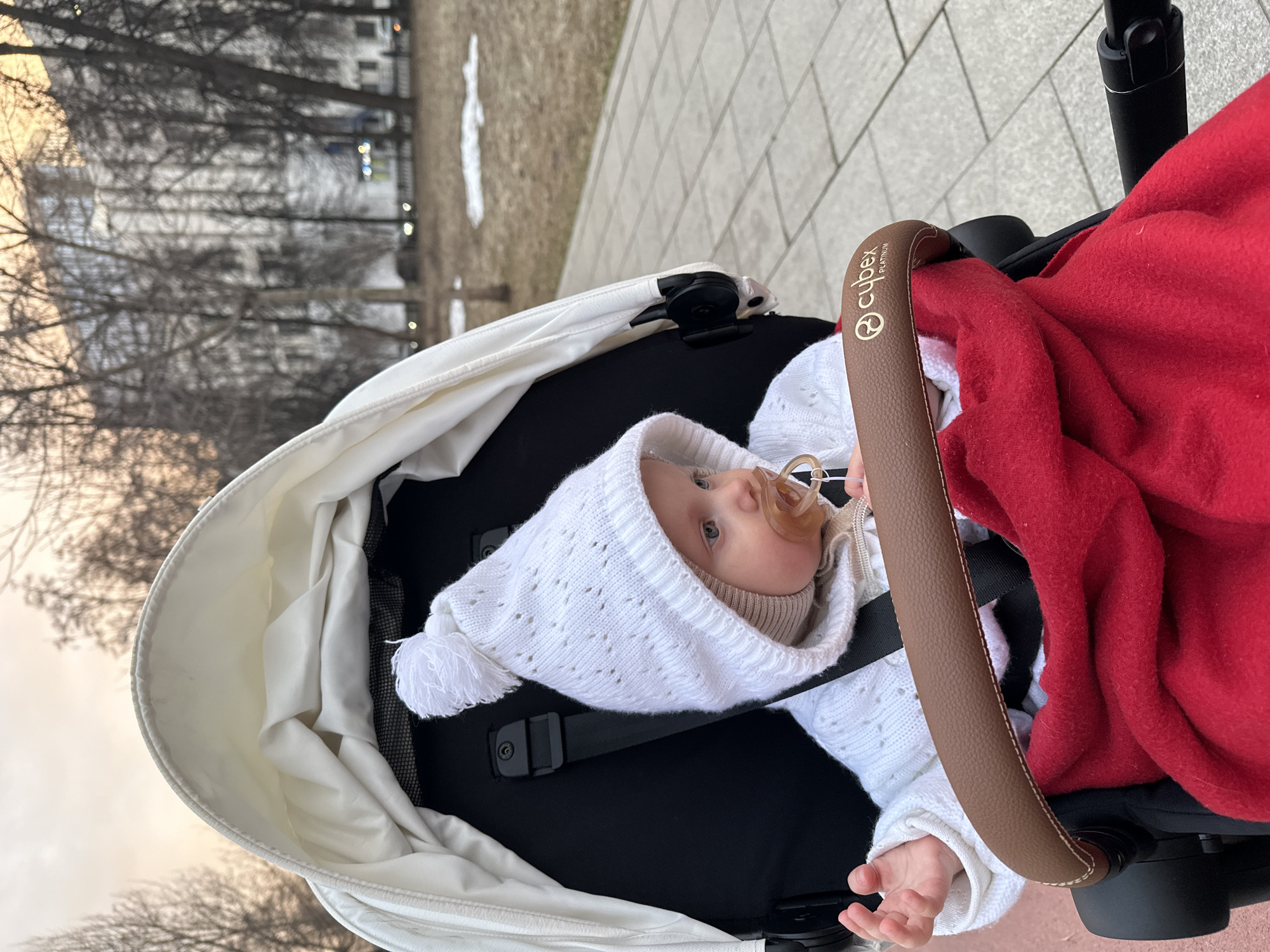 An infant is seated in a Cybex Platinum stroller on a paved walkway within a public park or green space in Moscow, Russia. The infant wears a white knitted hat with a pom-pom and a matching white knitted top over a beige undergarment, holding a brown pacifier in its mouth while looking towards the right. A red blanket covers the infant's lower body. The stroller features a white canopy, a black seat with harness straps, and a brown leather-wrapped bumper bar.
To the left of the walkway, a red track surface is visible. To the right, the ground is unpaved, consisting of sparse, dry grass with patches of melting snow. The background features numerous bare deciduous trees, indicative of late winter or early spring. Beyond the trees, multi-story residential buildings with light-colored facades and multiple windows are visible, suggesting the park borders an urban area. The sky exhibits soft orange and pink hues, consistent with either sunrise or sunset. Distant streetlights are faintly visible.