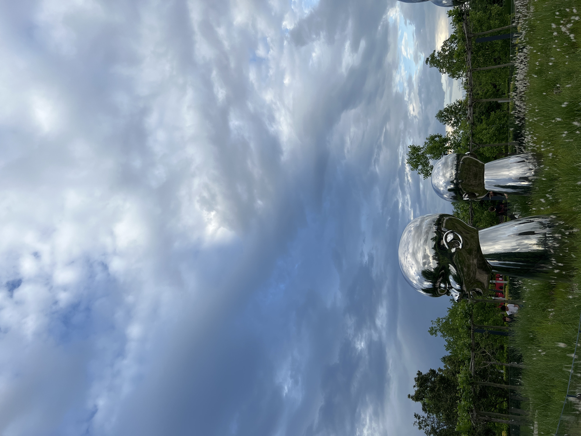 The image shows an outdoor scene with large, chrome-colored head sculptures positioned in a grassy area lined with trees. A cloudy sky, predominately gray and white, fills the upper portion of the image. The sculptures reflect the sky and surrounding environment. People are visible in the background between the sculptures. The image may be related to a park or sculpture garden, but precise location in Krasnodar, Russia is not possible.