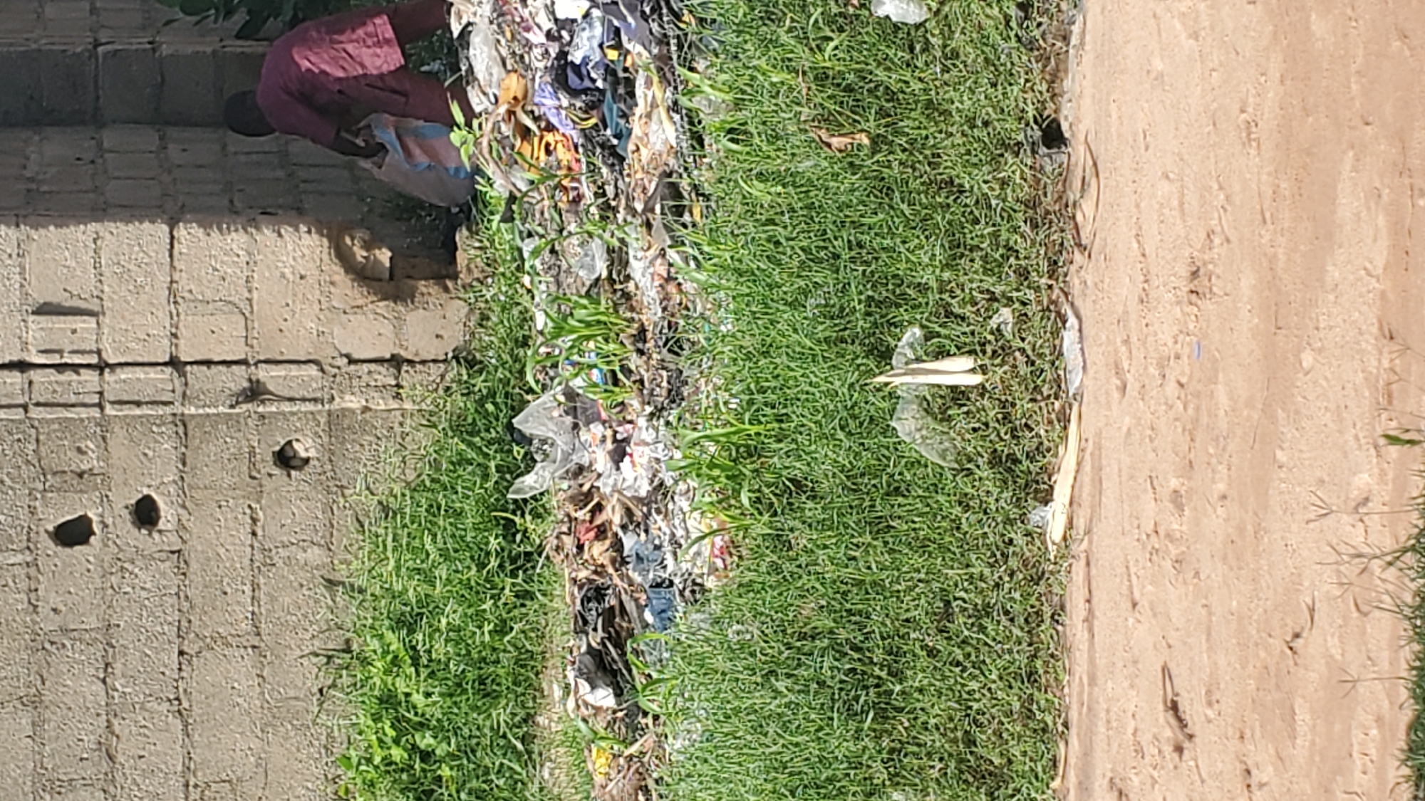 In Jalingo, Nigeria, a young person, possibly a child, dressed in a maroon robe is seen in profile, bending over to pick up or place items into a large, light-colored bag. The person is positioned next to a dilapidated wall constructed from concrete blocks, some of which have holes or are damaged. The ground in front of the wall is covered with a significant amount of garbage, including plastic bags, clothing, and other refuse. Green grass and small plants are growing amidst the debris and in front of it. A dirt path is visible in the foreground, with sparse vegetation. The scene depicts an outdoor environment with evidence of waste accumulation and disposal.