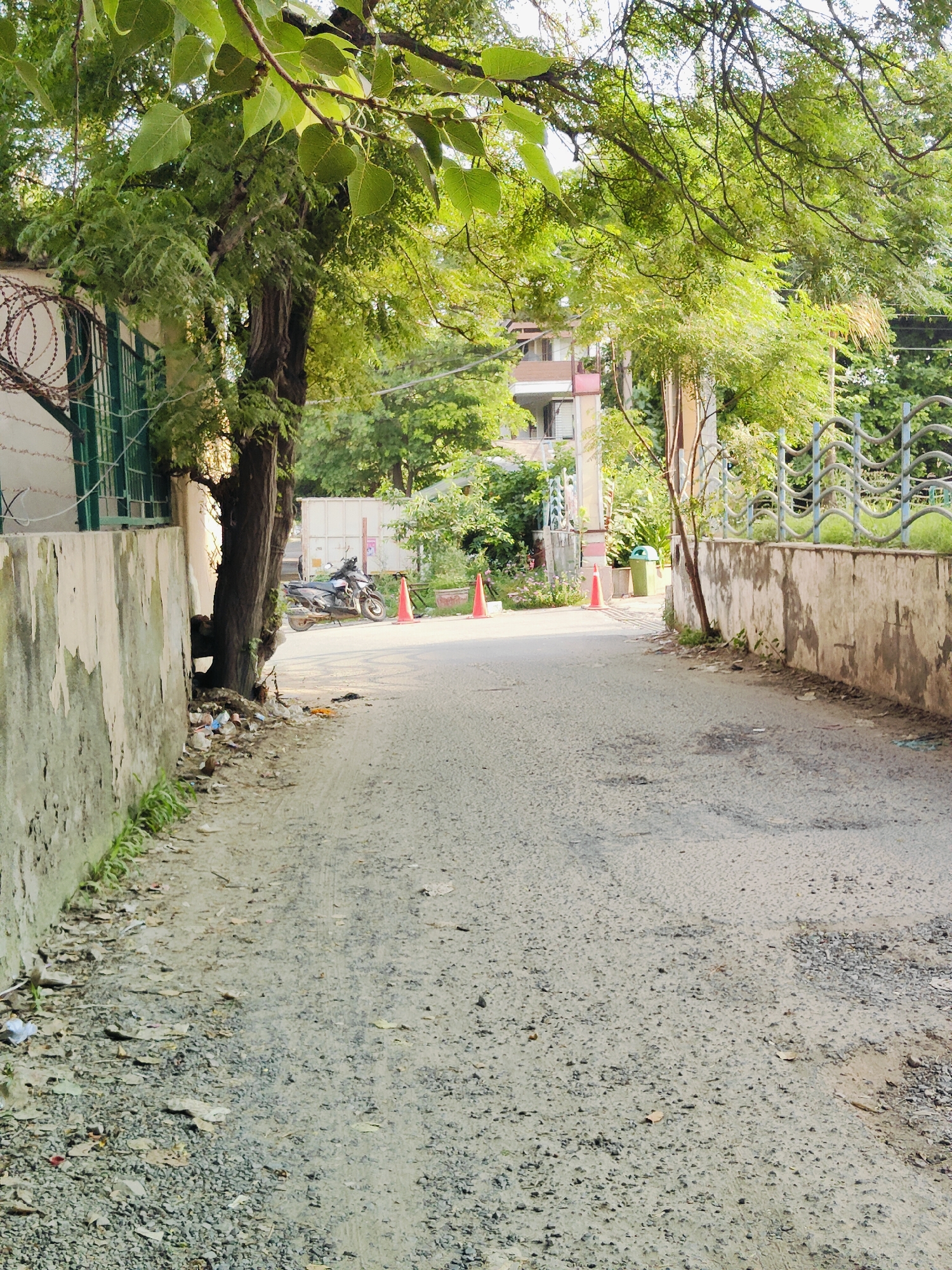 An outdoor, ground-level, full shot captures a paved pathway in Gurgaon, India, flanked by concrete walls and lush green trees. The pathway, textured with gravel and debris, leads towards a distant building and is intermittently marked with three orange traffic cones. A motorcycle is parked on the left side of the path, near a large tree with a thick trunk. The left wall is adorned with barbed wire and a green metal fence. The right wall features a decorative blue metal railing. The overall scene suggests an urban environment in a state of moderate upkeep, with visible signs of vegetation and some litter.