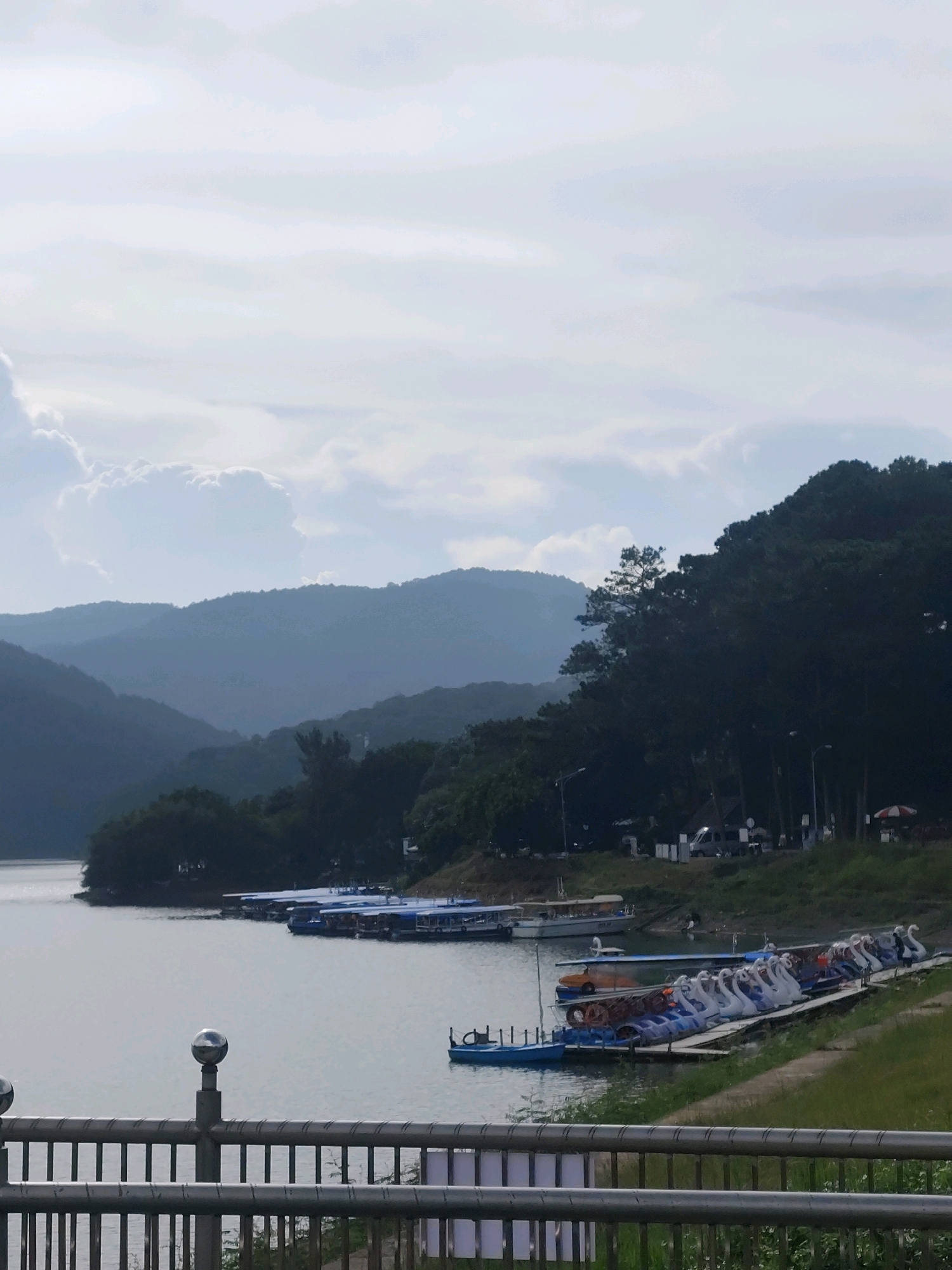 The image depicts Xuan Huong Lake in Da Lat, Vietnam. The lake is calm, with several boats docked along the shore. These include a row of swan-shaped paddle boats, a few motorboats, and what appear to be smaller recreational boats. The background features rolling hills covered in dark green trees, with a hazy sky and clouds above. A metal railing runs along the foreground, suggesting a walkway or viewing area overlooking the lake. There are no visible people in the frame, but signs of human presence are evident in the docked boats and lights along the shore. The overall atmosphere is serene and natural.