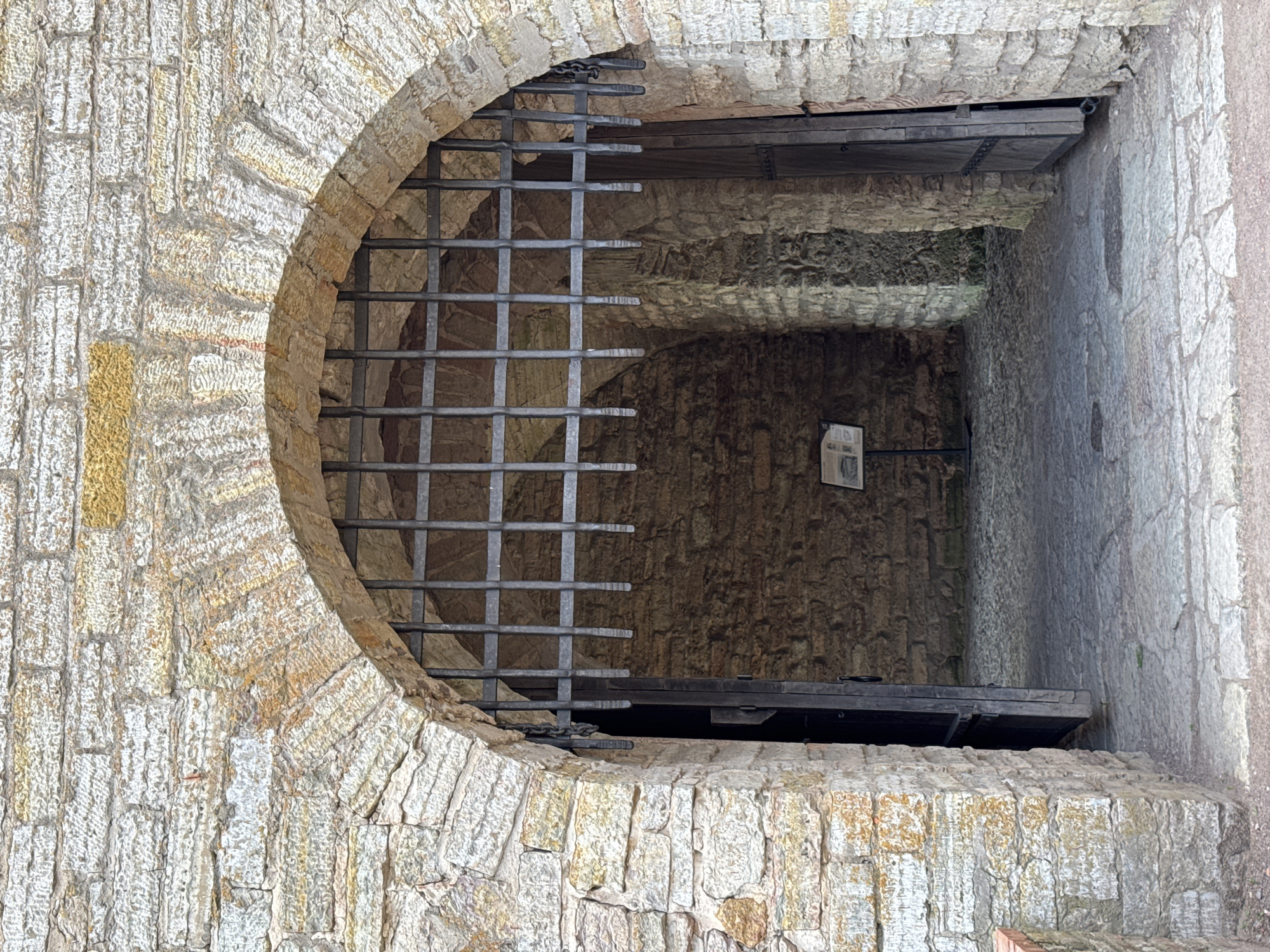 The image shows an arched stone entryway, likely part of a historical fortification, in the city of Shlisselburg, Russia. The entryway is covered by a heavy, dark metal grate with vertical bars. To the right, a large, weathered wooden door stands ajar. The walls are constructed of rough-hewn, light-colored stones with some yellowish and reddish discoloration. Beyond the grate, the passageway continues into a dimly lit area constructed of similar stone, with a sign on a stand visible in the background. The ground within the entryway and extending outwards is paved with irregular stone slabs. The scene conveys a sense of antiquity and security.