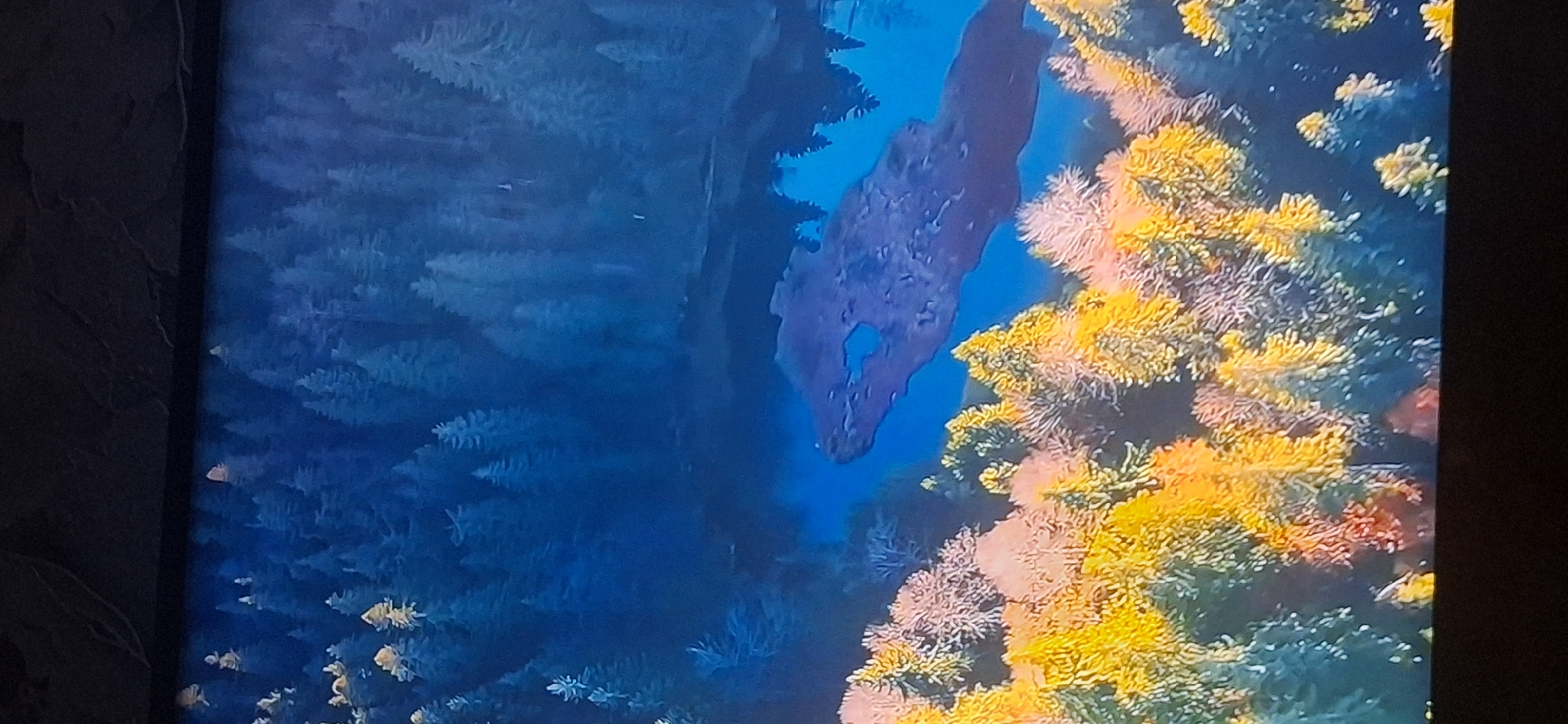 The image is an aerial view of a forest with a body of water. The trees in the foreground are vibrant yellow and orange, suggesting autumn foliage, while the trees further back are dark blue and green, indicative of pine trees. A dark, irregular shape, possibly a log or a landmass, is floating in the blue water. The overall scene is serene and natural. There is no indication of the city of Bila Tserkva, Ukraine, in the image.