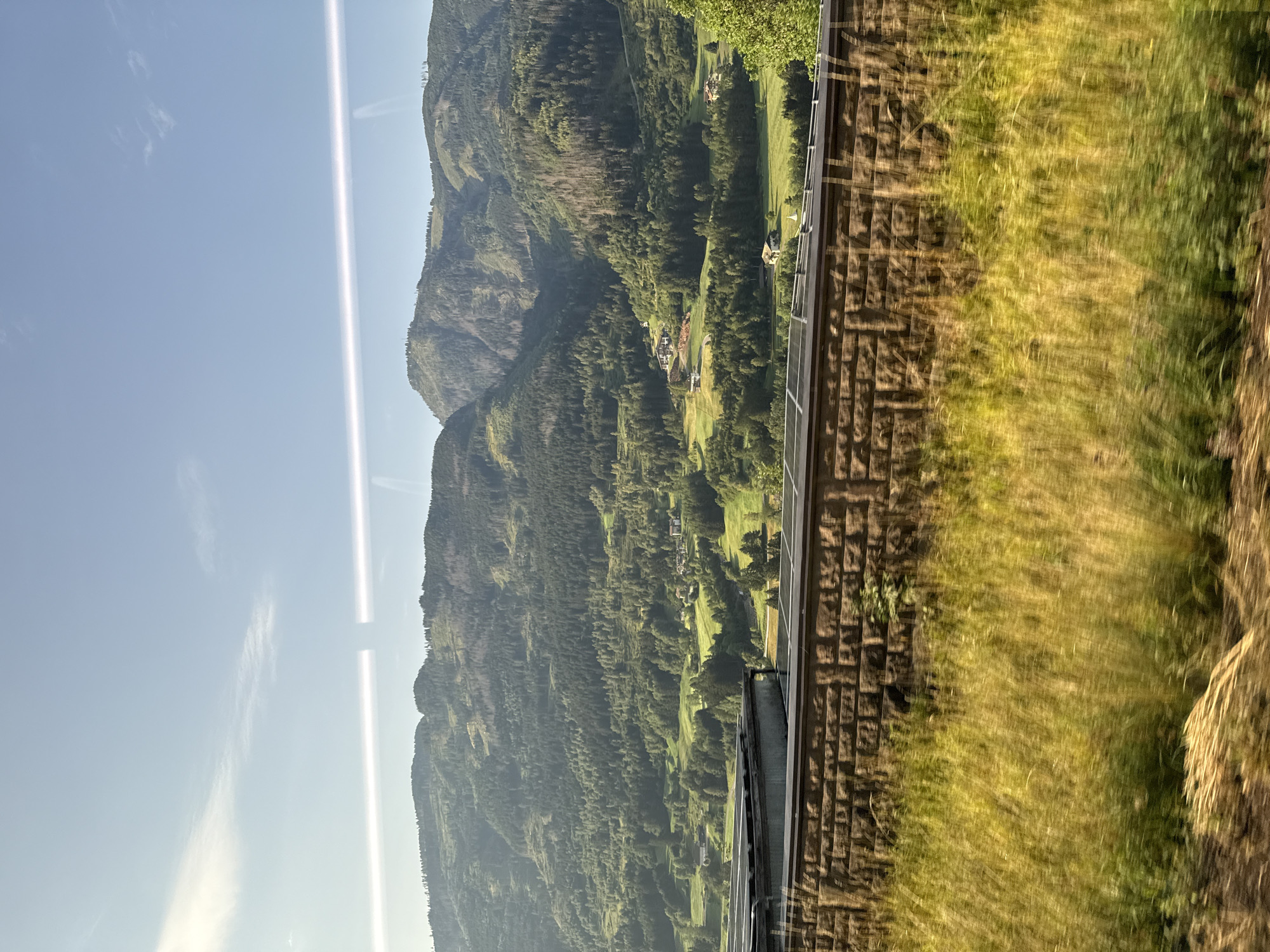 The image depicts a mountainous landscape with lush green forests and scattered houses. In the foreground, a textured stone wall runs horizontally across the frame, partially obscured by tall, golden-hued grass that appears to be in motion, suggesting a fast-moving perspective, possibly from a vehicle. Above the wall, solar panels are visible. The sky is clear blue with a few wispy clouds. The sun is bright, casting a warm light on the scene. The overall impression is one of a serene, rural environment, likely in a mountainous region. The location is identified as Tesero, Italy, which is a comune in the Trentino region of northern Italy, known for its picturesque Alpine scenery.