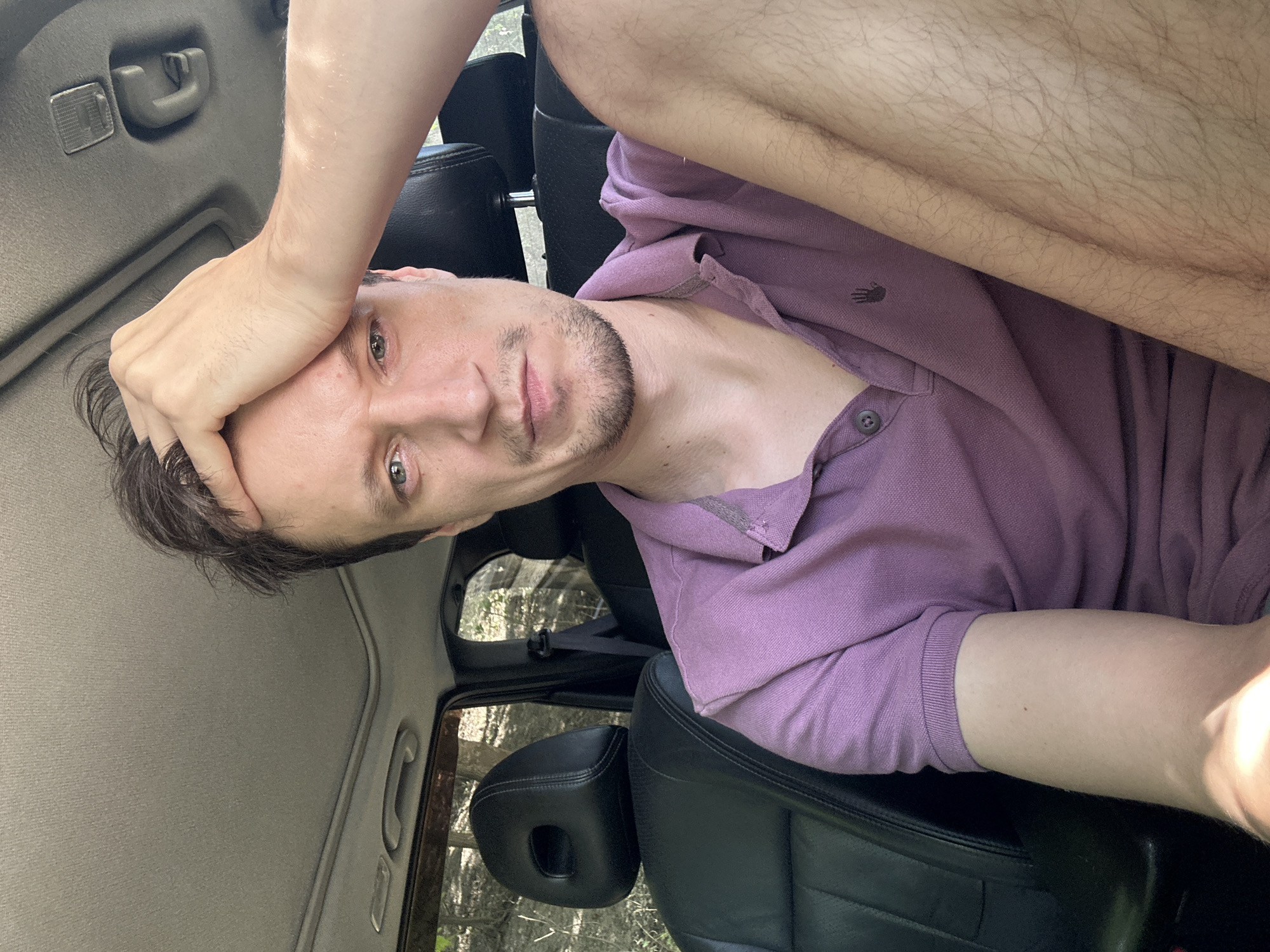 A man with short, dark hair and a light beard is sitting in the driver's seat of a car. He is wearing a purple polo shirt. His right hand is on his forehead. The interior of the car is visible, including the dashboard, seats, and a sunroof. Outside the car, trees and foliage can be seen through the windows. The scene appears to be outdoors, likely in a rural or wooded area.