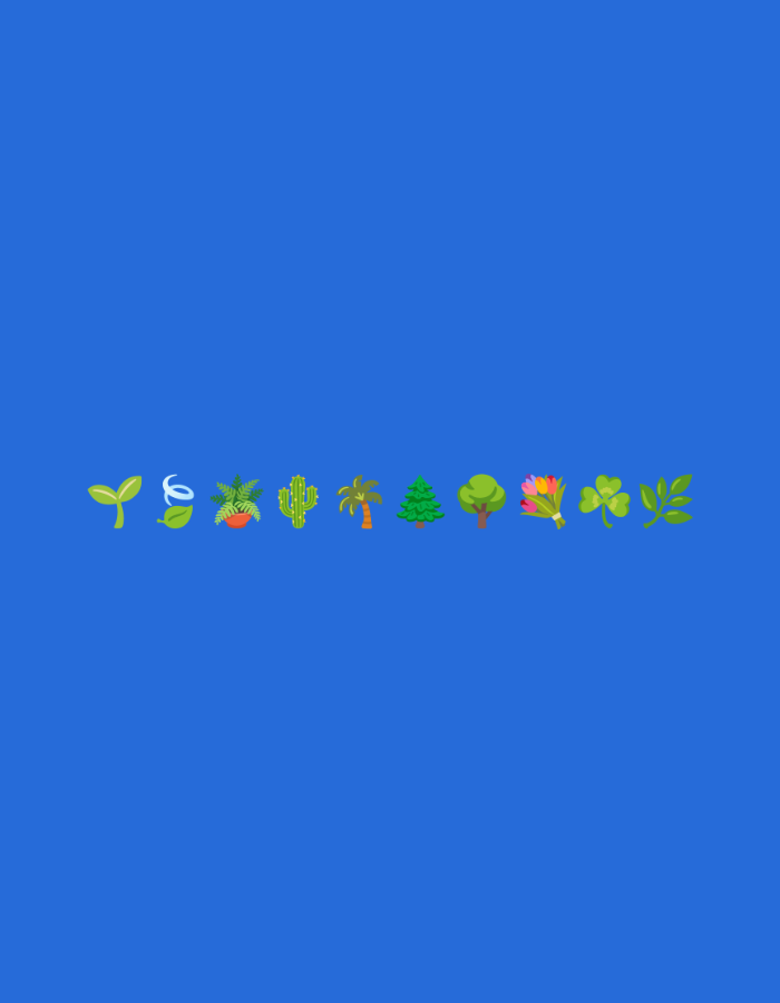 A row of cartoon plant emojis is displayed against a bright blue background. From left to right, the emojis depict a seedling, a swirling plant, a potted fern, a cactus, a palm tree, a pine tree, a deciduous tree, a bouquet of tulips, a four-leaf clover, and a leafy branch. The emojis are small and uniformly spaced.