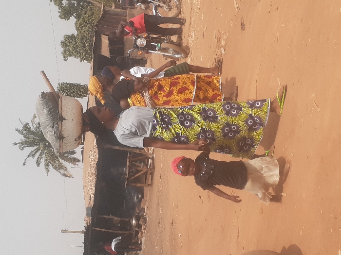 The image portrays an outdoor street scene in Gwadanye, Nigeria, characterized by a reddish-brown dirt ground under a hazy sky. In the foreground, a woman walks from left to right, wearing a grey short-sleeved t-shirt, a long green, yellow, and black patterned wrapper skirt, and green flip-flops. She balances a white enamel basin containing a dark sack and a wooden tool on her head. Her left hand holds the right hand of a young child walking beside her. This child wears a black ruffled top, a light-colored pleated skirt, and a red headscarf, with bare feet.
Immediately behind the central woman, another woman walks in the same direction, wearing a yellow head wrap, a dark top, and a red, yellow, and black patterned wrapper skirt. An infant is secured to her back with fabric. Further back, a third individual in a white top and green skirt is partially visible. To the far right, a man in a red t-shirt stands near a green and silver motorcycle, with a second person partially obscured behind him.
The background features informal market stalls or basic structures constructed with wood and corrugated metal roofs, some showing signs of rust. Dried goods are visible on the roof of one structure. Several metal cooking pots are on the ground or low tables near these stalls. A tall palm tree is prominent in the mid-background left, surrounded by other green foliage. Utility poles and overhead wires are also visible in the background. Other individuals are present in the distant background, interacting within the market environment.