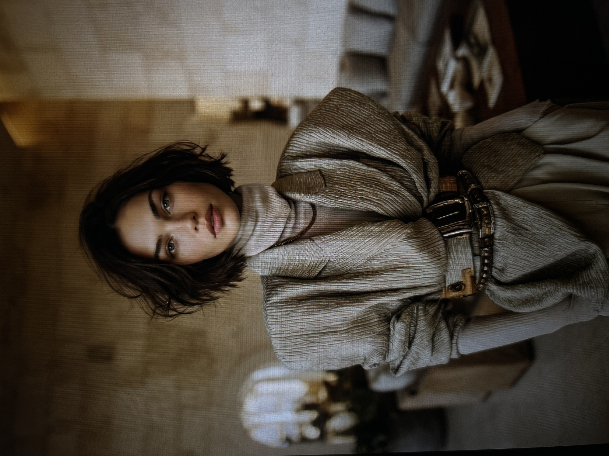 A fashion portrait features a woman with dark, wavy hair and light-colored eyes, looking directly at the camera. She is wearing a light-colored turtleneck sweater layered under a textured, wide-lapel jacket cinched with a wide, decorative belt. The background appears to be an indoor setting, possibly a living room or lounge area, with muted tones and soft lighting. Furniture, including a sofa and coffee table with items on it, is visible in the blurred background, suggesting an interior design or home environment. The overall scene has a polished and sophisticated aesthetic.