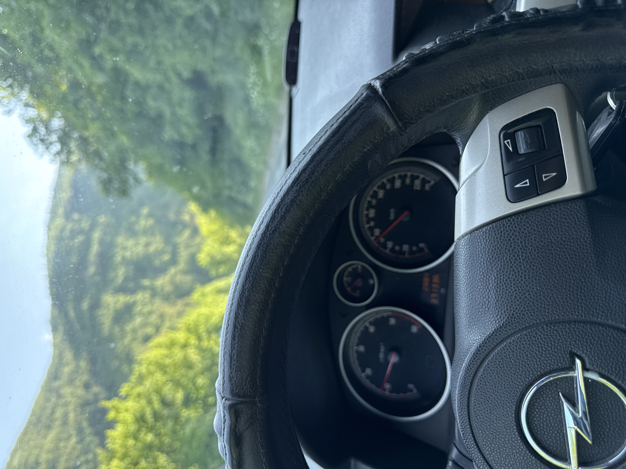The image captures the interior of a car from the driver's perspective, primarily focusing on the steering wheel and a blurred view of the outside landscape through the windshield. No people are visible.
The steering wheel, clad in black, textured material, exhibits signs of wear along its top edge. At its center, a prominent silver Opel logo, featuring a lightning bolt within a circle, is clearly visible. On the right-hand spoke of the steering wheel, a silver control panel with black buttons is mounted. This panel includes a rocker switch and four directional arrow buttons (up, down, left, right), suggesting controls for in-car systems.
Behind the steering wheel, sections of the instrument cluster are discernible. Two main circular gauges with red needles, likely a speedometer and tachometer, are partially visible, along with a smaller third gauge. A digital display section on the dashboard shows fragmented text, including the word "MEILLE."
Through the car's windshield, a lush, vibrant green landscape dominates the background. The scene appears to be a densely forested or heavily vegetated hillside or mountainous area, suggesting a natural, rural setting. The background is out of focus, possibly indicating motion or shallow depth of field. The windshield itself shows some minor spots or reflections. The lighting indicates it is daytime, with bright natural illumination. The car appears to be either stationary or moving slowly through this scenic environment.