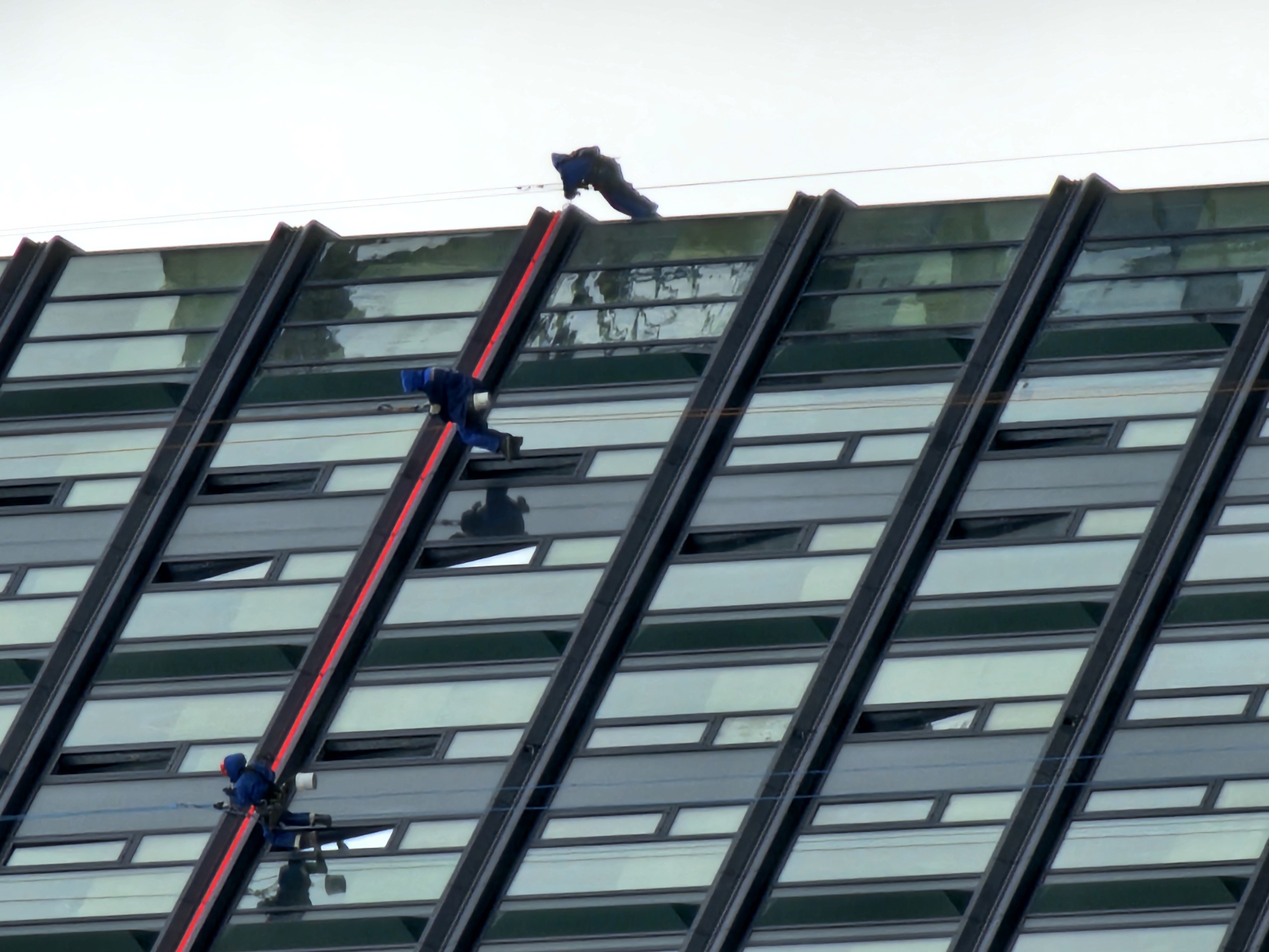 This is a medium shot of three individuals suspended by ropes, cleaning the windows of a modern high-rise building. The building features a grid of dark window frames with reflective panes of glass. A bright red horizontal line runs along the edge of one of the building's tiers, separating different sections. The sky behind the building is a uniform, overcast gray. The individuals are all wearing blue work suits, and at least one is seen holding a bucket. One person is positioned lower and to the right of the other two, appearing to be in a more dynamic pose as they move along the facade. The image is focused on the task of window cleaning, highlighting the scale of the building and the precarious nature of the work. The location is not specified in the image.