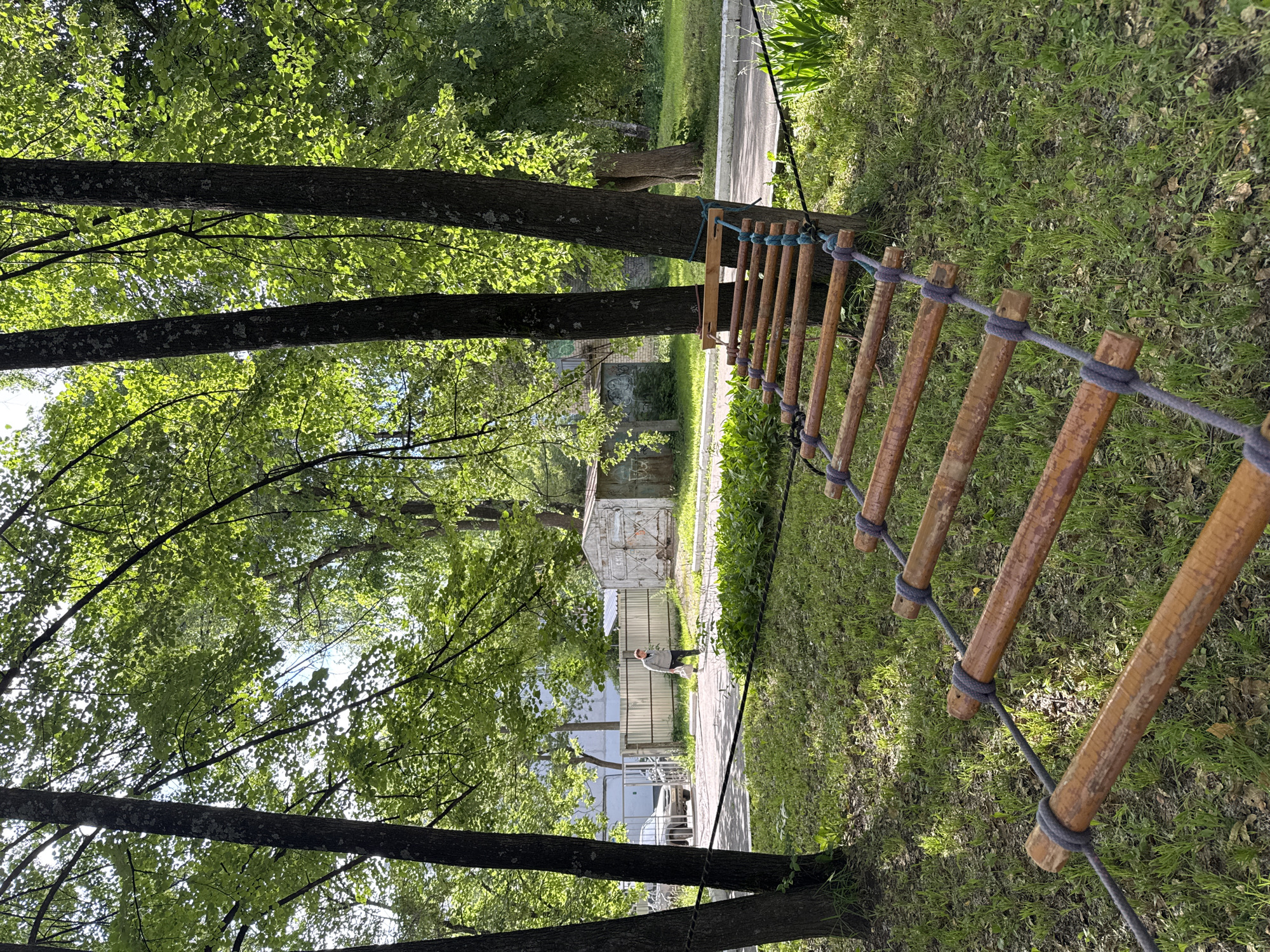 In a city park in Chaikovsky, Russia, a rope bridge made of wooden planks and ropes is suspended between two trees. Sunlight filters through the lush green leaves of the surrounding trees, casting dappled shadows on the grassy ground. In the background, a woman walks with shopping bags, passing a metal fence and a weathered shed. A car is parked near the fence, suggesting a residential or public area. The scene captures a moment of everyday life in a park setting.