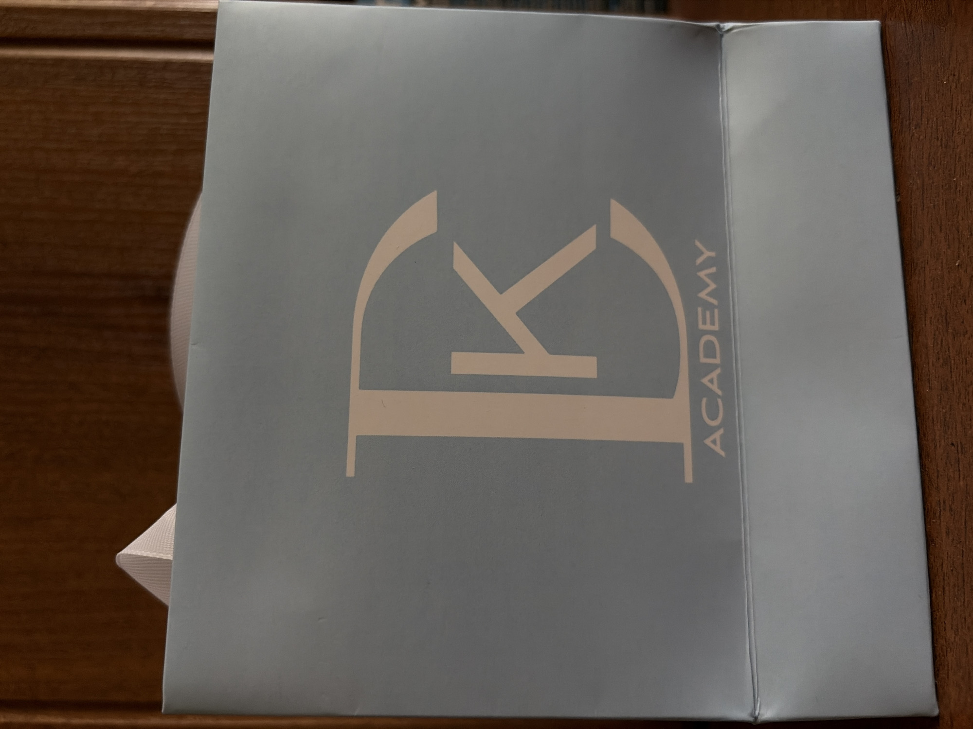 A light blue paper shopping bag with a logo in a lighter shade of blue is on a wooden surface. The logo is a stylized "DK" with "ACADEMY" written below it. The top of the bag has light-colored handles folded inside. The background is a wooden wall. The image is a close-up shot of the bag.