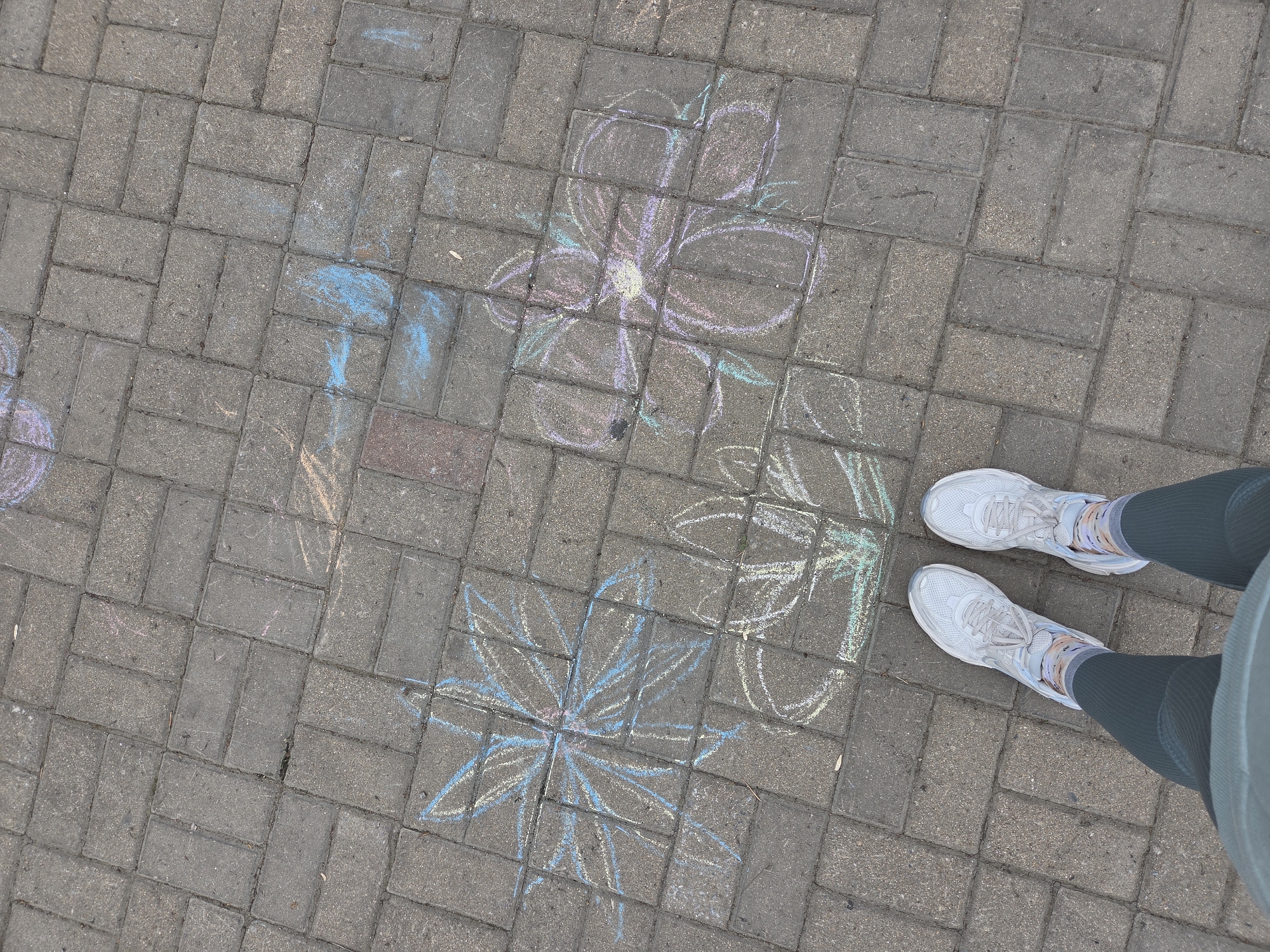 The scene is an outdoor setting in Birobidzhan, Russia, featuring a paved brick surface, likely a sidewalk or pedestrian area. The paving stones are gray and show signs of wear and tear. Chalk drawings of flowers are visible on the pavement. There are two distinct floral designs, one drawn in purple and another in blue and white. Part of a person is visible from the waist down, wearing green leggings and white athletic shoes. The person is standing on the paved surface, near the chalk drawings.