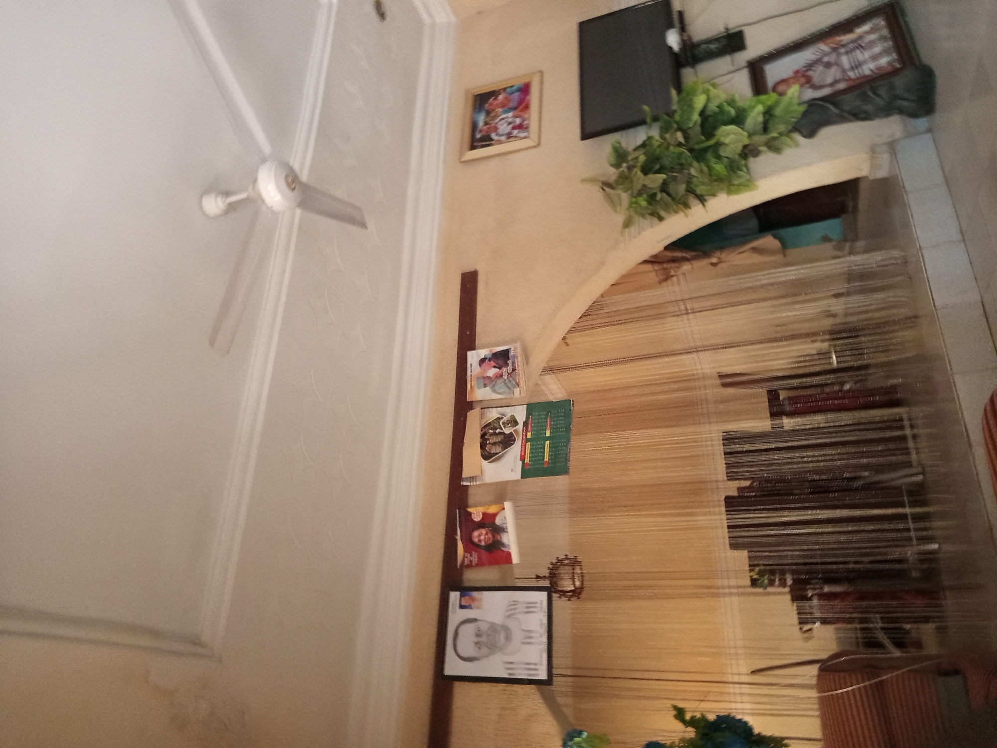 A ceiling fan is visible on the ceiling of a room. The room has beige walls and white decorative molding. On the wall are several framed items, including a black and white portrait of a man, a calendar with a woman's picture, and another calendar with multiple people in it. To the right, a framed picture of two children is hung on the wall. A black flat-screen television is mounted on the wall to the right of the framed picture. In front of the television, a green potted plant is placed on a dark surface. A framed picture of a woman in traditional clothing leans against the wall. The room appears to be a living room or dining area, with beaded curtains hanging in the foreground and furniture visible behind them. The floor is tiled. The overall impression is of a lived-in domestic space.