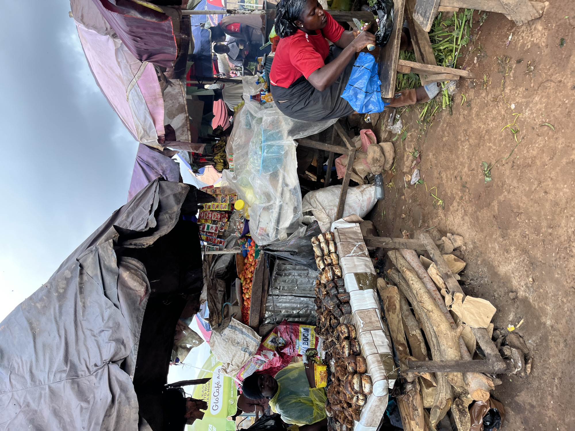 This image captures a vibrant open-air market scene in Gura Top, Nigeria, under an overcast sky. The ground is a reddish-brown dirt. The market consists of several makeshift stalls, constructed from wooden frames and covered with various tarpaulins and fabrics in shades of black, purple, pink, and white.
In the foreground, a woman wearing a red t-shirt and black skirt, with a black headwrap, sits on a wooden structure. She is actively engaged in preparing or sorting something, holding a knife and working with items in a black plastic bag and a blue plastic bag. Adjacent to her stall, piles of firewood or logs are stacked on the dirt ground.
Further into the market, another vendor, partially obscured, is visible behind a display of goods. This person, wearing a yellow-green top and a black headwrap, looks towards the camera. Her stall features numerous rows of what appear to be smoked or dried fish, neatly arranged on a patterned cloth. Next to the fish, a variety of other items are displayed, including bundles of bananas, packaged snacks, and bottled drinks.
Visible text includes "Glo Café App" and "SCAN TO DOWNLO" on a green sign, "BOOM" on a red and yellow bag, and "Visit Feed" on a red package. The scene depicts the daily commerce and life within a busy local market.