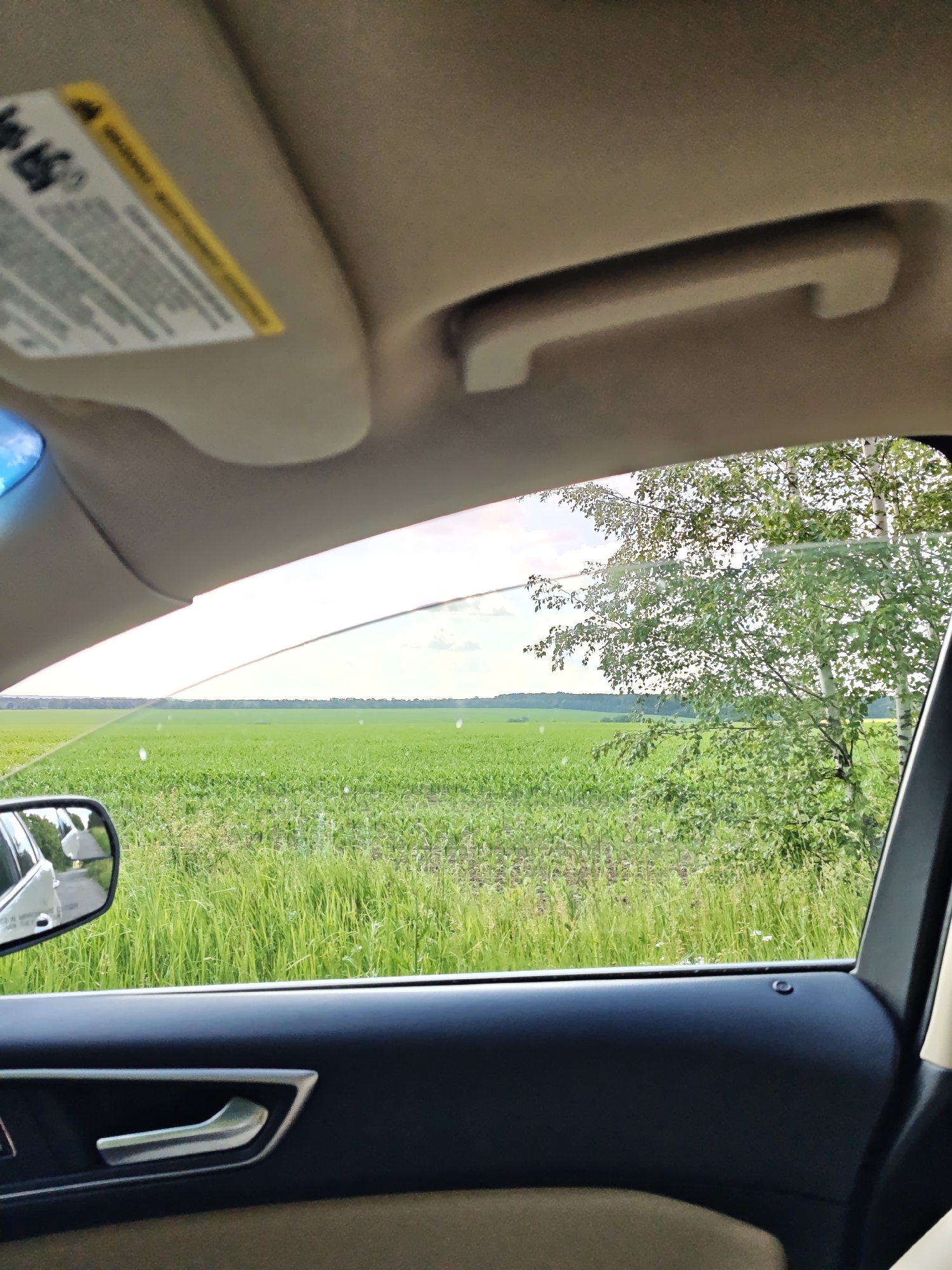 The image, taken from inside a vehicle, provides a view of a rural landscape in Parkhomivka, Ukraine. The interior of the car is visible in the foreground, showing a portion of the car door with a silver door handle and a tan armrest. Above this, a part of the car's ceiling is visible, including a sun visor with a yellow warning label and a passenger grab handle.
The dominant feature of the scene is the expansive, vibrant green field outside the car window. The field appears to be a crop, possibly corn, given the height and density of the plants. The field stretches to the horizon, where it meets a pale sky with scattered clouds. To the right of the field, a cluster of trees, including at least one birch tree with its distinctive white bark, is visible. In the distance, rolling hills can be discerned. The overall impression is one of a serene, agricultural setting under a bright sky. The photograph captures a moment of travel through a rural area.