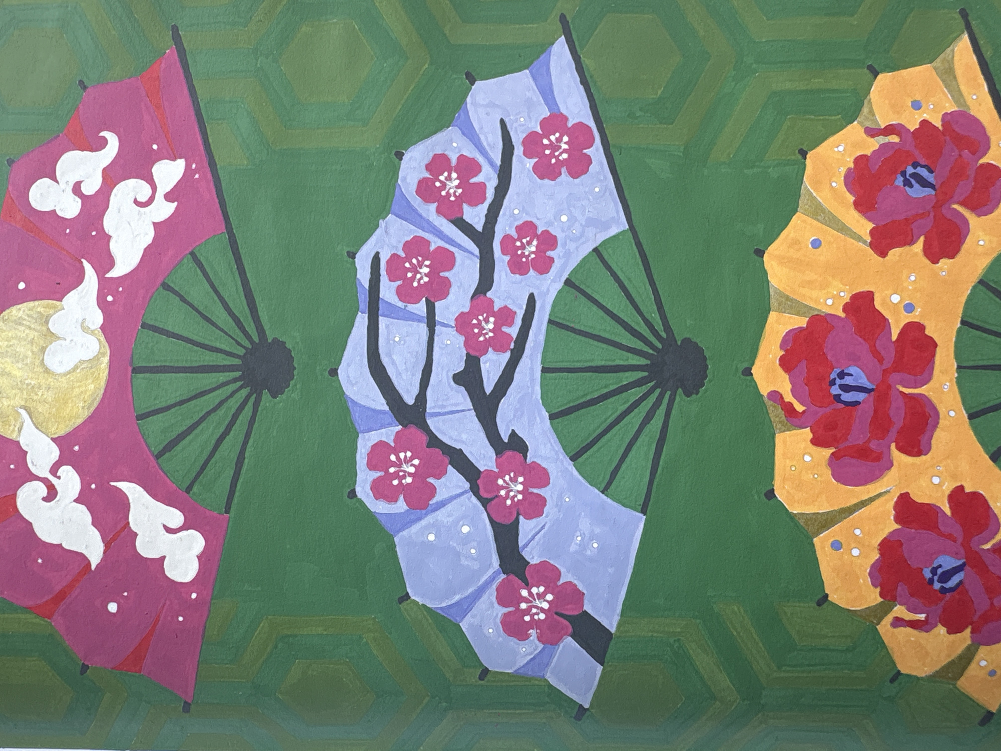 This is an image of three decorative fans painted in a colorful, stylized manner against a green, hexagonal patterned background. The top fan is pink with white cloud motifs and a yellow circle representing the moon. The middle fan is light blue with a black branch bearing pink flowers and white dots. The bottom fan is yellow with large pink and red flowers with blue centers. The image is a flat, two-dimensional artwork. There is no indication of a specific location in Đà Nẵng, Vietnam, or any people or actions.