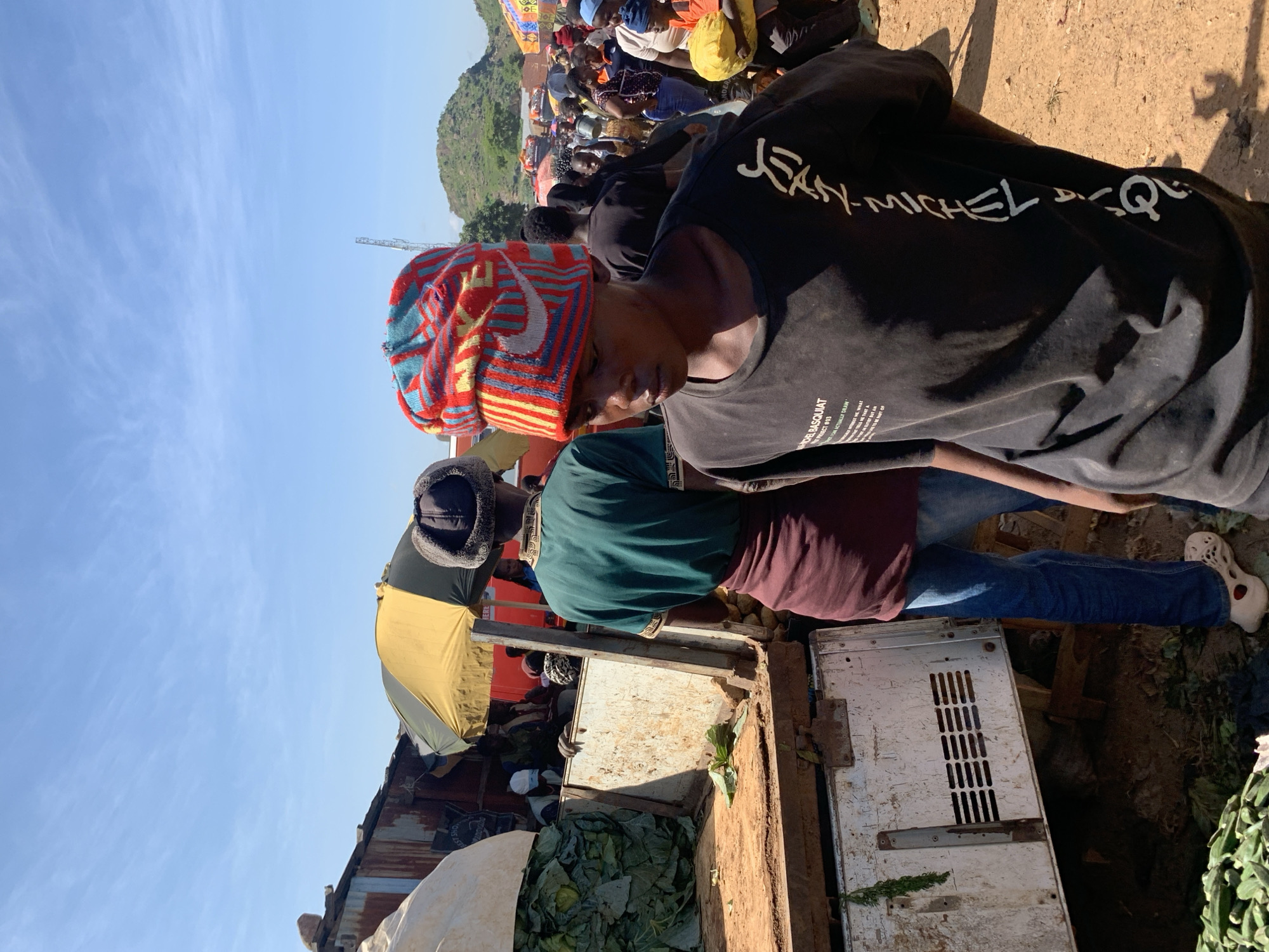 In the city of Gura Top, Nigeria, a bustling market scene unfolds under a clear blue sky. The foreground is dominated by a young person wearing a vibrantly colored, patterned beanie and a black t-shirt with white text. They are looking down and slightly to the side, suggesting an introspective moment amidst the lively surroundings. Behind them, another person in a green shirt and a burgundy wrap, also wearing a dark hat, faces away from the camera, partially obscuring a rustic, open-bed truck loaded with leafy green produce. The truck bed, constructed of weathered wood and metal, shows signs of wear and tear.
The market extends into the background, filled with numerous people, many of whom are obscured by umbrellas and stalls. The ground is a dusty, reddish-brown earth. In the distance, rolling green hills are visible, indicating the natural landscape surrounding the urban settlement. The overall impression is one of a vibrant, active marketplace, characteristic of daily life in Gura Top.