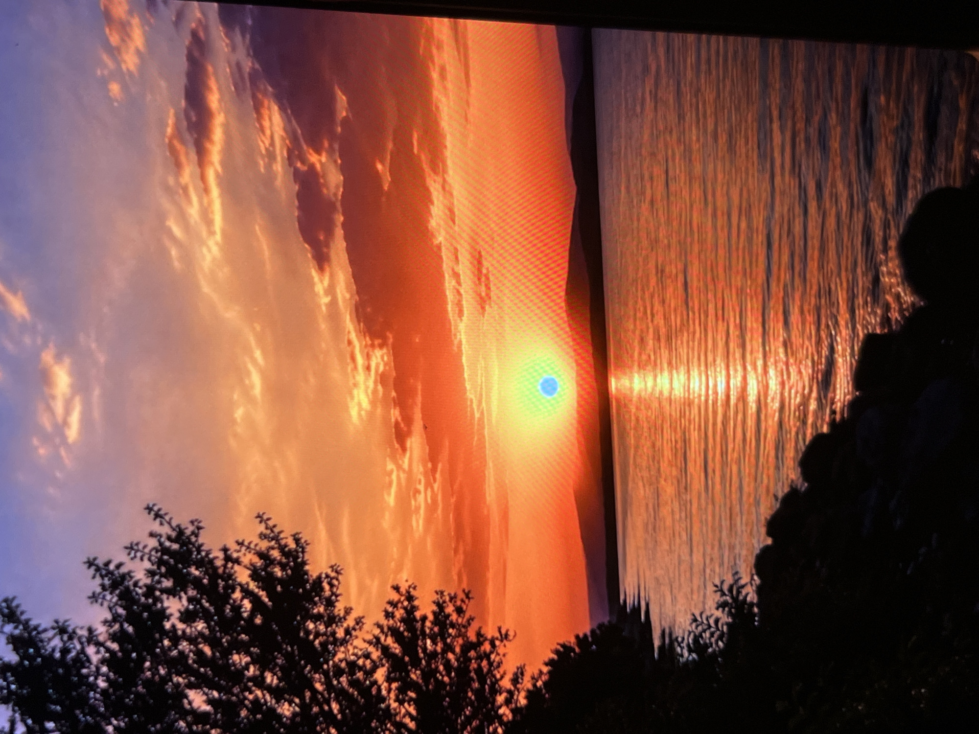 This image depicts a vibrant sunset over a body of water, likely a lake or a wide river. The sky is a dramatic canvas of oranges, reds, and purples, with fluffy clouds catching the warm light. The sun, appearing as a bright, almost turquoise orb, is low on the horizon, casting a shimmering reflection on the water's surface. Silhouetted against the bright sky are dark, undulating hills in the distance.
In the foreground on the left, the dark silhouette of a tree with dense foliage overhangs the shoreline. The shoreline itself is lined with dark rocks and vegetation, also rendered in shadow. The water exhibits gentle ripples, reflecting the intense colors of the sunset.
The image has a visible pixelated quality, suggesting it may be a photograph taken of a screen or a digital image with a low resolution.
There is no visible indication of the city of Montfermeil, France, in this image, nor are there any people or specific actions being depicted. The scene is purely naturalistic, focusing on the atmospheric beauty of a sunset.