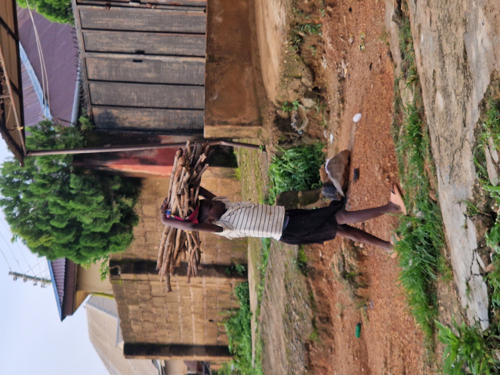 A young person, likely a child, is walking from right to left across a dirt path in what appears to be a residential area. The individual is carrying a large bundle of sticks or firewood balanced on their head. They are wearing a horizontally striped t-shirt and a dark skirt or shorts. The surroundings show a mix of natural and man-made elements, including a brick wall, a metal gate, a corrugated metal roof, vegetation, and scattered debris on the ground. The ground is a mixture of reddish-brown dirt and some concrete or paved sections. The sky is overcast. The image captures a moment of everyday life, suggesting labor or resource gathering.