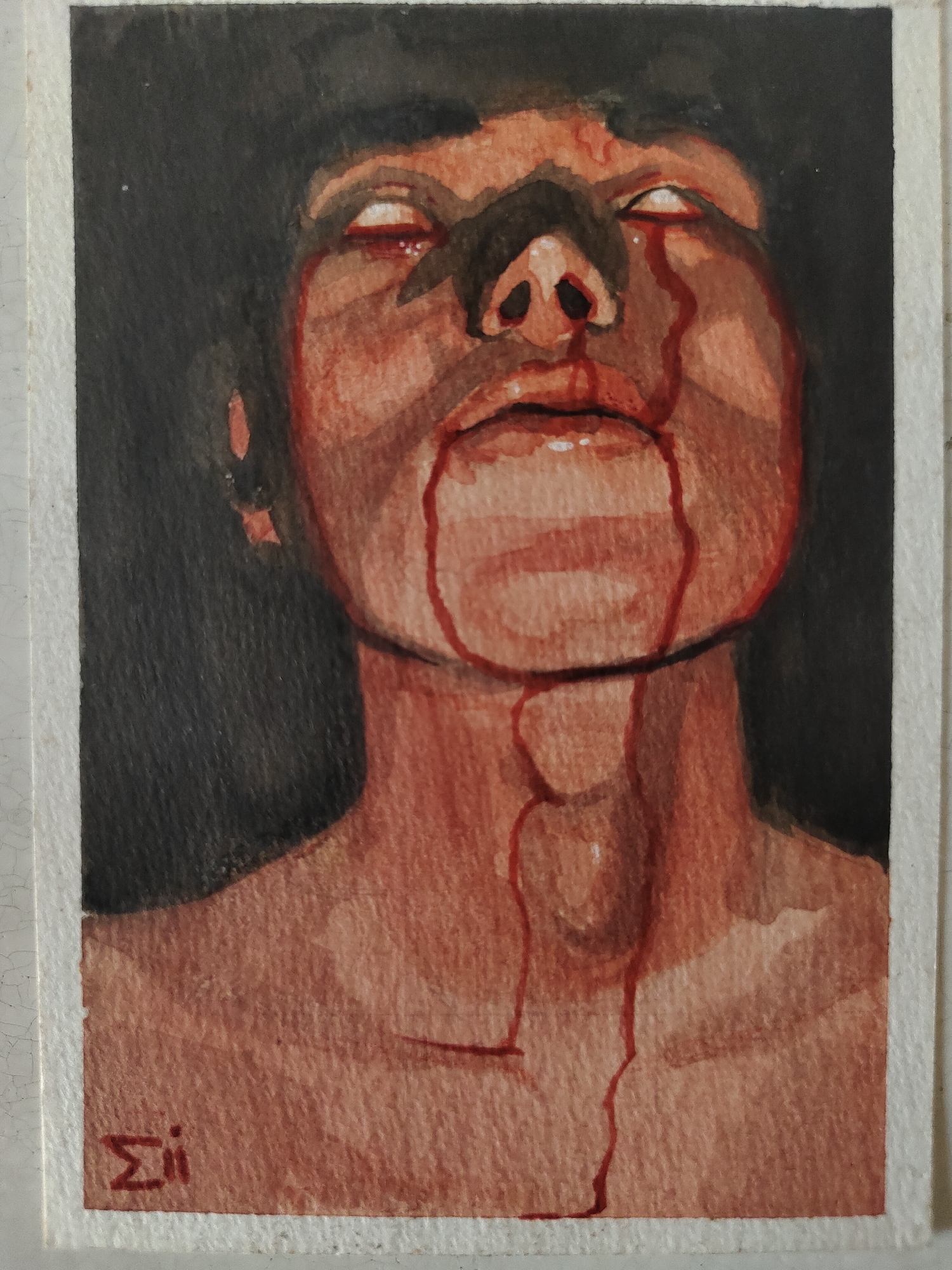 An emotional watercolor portrait depicts a person from the chest up, with their head tilted upwards, eyes rolled back to reveal only the whites, and mouth slightly agape. The individual's skin is rendered in shades of reddish-brown and orange-brown, with deep shadows defining the contours of the nose, chin, and neck, enhancing the dramatic effect. A stark, dark black color forms the background and appears to be the person's hair.
The most striking feature is the depiction of bright red liquid, resembling blood, profusely streaming from the eyes, nose, and mouth. These rivulets trace down the face, neck, and onto the upper chest, creating a profound sense of anguish, pain, or intense suffering. The eyes themselves show red marks within the whites, suggesting injury or extreme distress. The textured brushstrokes, typical of watercolor, are visible throughout the piece, particularly in the blending of skin tones and the depiction of the flowing liquid.
The overall mood is somber, unsettling, and emotionally charged, conveying a powerful experience of distress. There are no explicit location or time cues within the artwork itself, beyond the focused portraiture against a dark, undefined background. In the bottom left corner, a visible signature appears to be the Greek letter 'Sigma' (Σ) followed by a lowercase 'i', reading 'Σi'. The painting is presented with a visible white border, indicating it is on paper. The provided context specifies the artwork originates from Davao City, Philippines.
