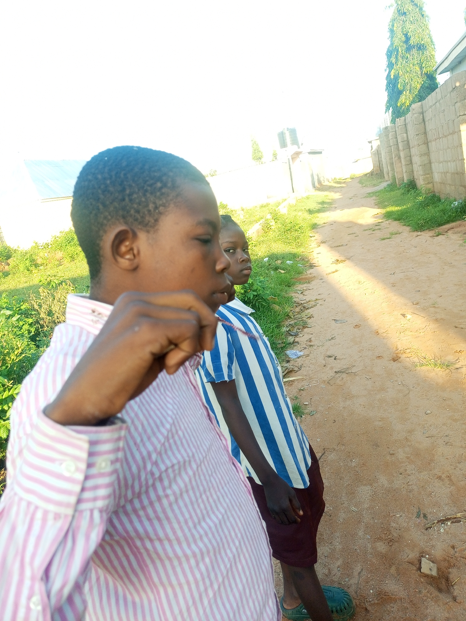 The image captures a sunny outdoor scene in Tempure, Nigeria. Two young boys stand on a dirt path, facing away from the camera and slightly to the right. The boy in the foreground, on the left, is wearing a pink and white striped button-down shirt. He has his right hand raised to his chin, with his fingers touching his face. The second boy, to the right and slightly behind the first, is wearing a blue and white striped shirt. He is looking towards the camera. The path is bordered by green grass on the left and a light-colored brick wall and a tall, green tree on the right. Buildings with white and light-colored walls are visible in the background, along with water tanks. The sky is bright and overexposed, suggesting it is midday.