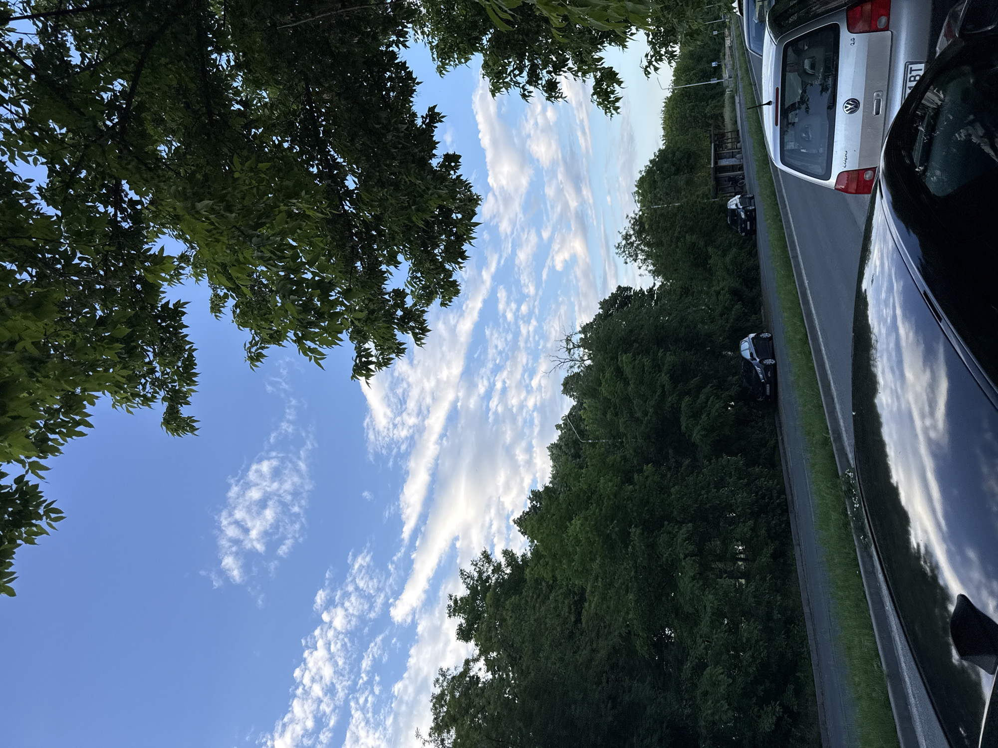 The image shows a road in what appears to be Lovech, Bulgaria, based on the car license plate visible. The road has cars parked along the side, including a silver Volkswagen Caddy and a black car. The sky is visible between trees lining the road. The sky is blue with cirrus and cumulus clouds.