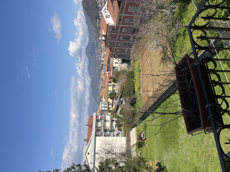 The scene provides an elevated panoramic view of Cava de' Tirreni, Italy, under clear skies with scattered cumulus clouds.
In the immediate foreground, a dark, ornate metal balcony railing is present, supporting a rectangular brown planter containing dark soil and several bare deciduous plant stems.
Below the balcony, a tiered landscape unfolds. To the left, a vibrant green lawn is visibly populated with numerous small white flowers. A light-colored wooden pergola with a slatted roof and four support posts stands on this lawn, sheltering a picnic table with benches. To the right, a rectangular plot of tilled, light brown earth, appearing as prepared agricultural land, is enclosed by a dark metal fence that horizontally traverses the midground. Beyond the fence, a patch of bright yellow flowering plants is discernible, along with a tree exhibiting abundant white blossoms and other deciduous trees.
The background features a densely built-up residential area, characteristic of an Italian town, situated against a backdrop of verdant mountains. Prominent buildings include a multi-story, cream-colored apartment building with red-tiled roofs and multiple balconies on the left, and a distinct multi-story structure with a reddish-orange facade, white-framed windows, and green shutters on the right. Numerous other red-tiled roofs cover various buildings throughout the townscape. Winding roads with several parked vehicles are visible within the urban expanse. The distant mountains are covered in vegetation, presenting a green-grey hue under the bright, sunny conditions. No individuals are visible.