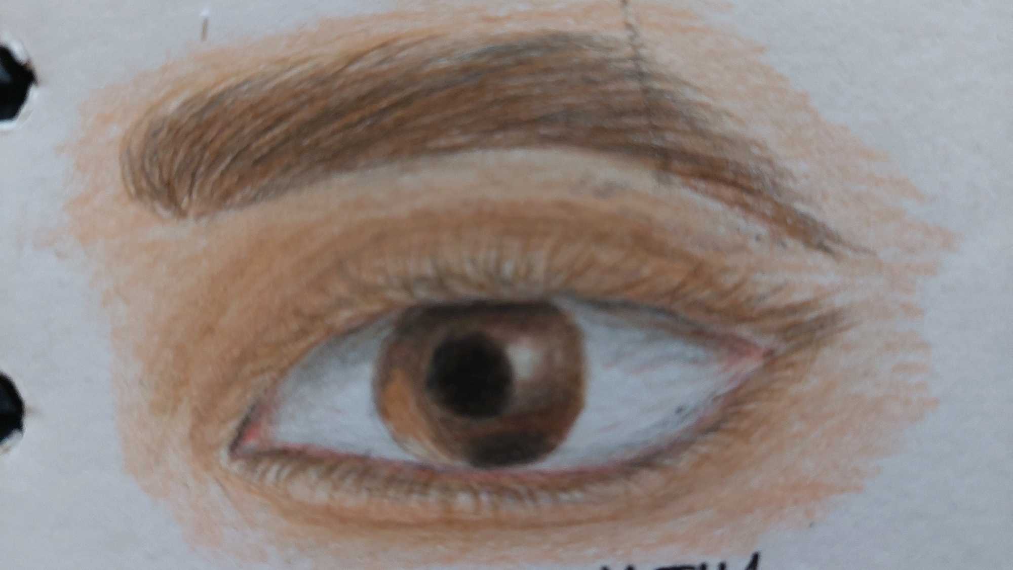 The image shows a close-up, hand-drawn illustration of a human eye. The drawing is rendered with colored pencils and features a brown iris, dark pupil, and visible eyelashes. The eyebrow above the eye is also depicted with individual hair strokes. The skin surrounding the eye is a warm, peachy tone. The drawing appears to be on a textured paper, possibly a sketchbook. There are no visible elements that would indicate a specific location in Bojong Gede, Indonesia.