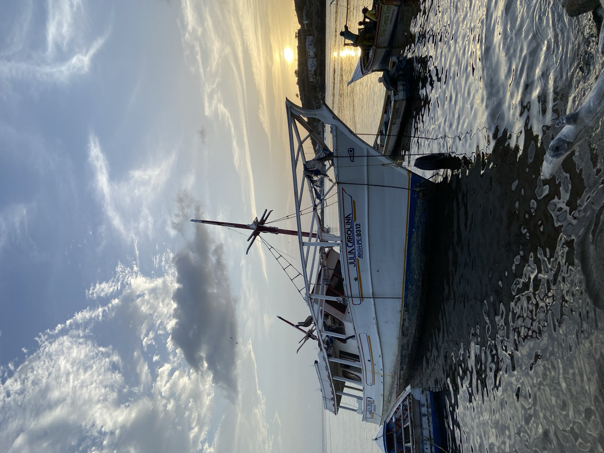 This image depicts a sunset scene in Juan Griego, Venezuela, with several boats docked in the water. The primary subject is a large white boat named "JULIA CAROLINA" with "ARSH-PE 0312" printed on its side. The boat has a multi-level structure with windows and a visible mast. In the foreground, a smaller blue and white boat is partially submerged. To the right, another boat is visible with several people on board, suggesting activity and potentially ongoing work or fishing. The sun is setting on the horizon, casting a warm glow on the water and the sky, which is filled with scattered clouds. The environment appears to be a harbor or a coastal area, with the silhouette of land and buildings visible in the distance under the setting sun. The water is calm, with reflections of the boats and the sky.