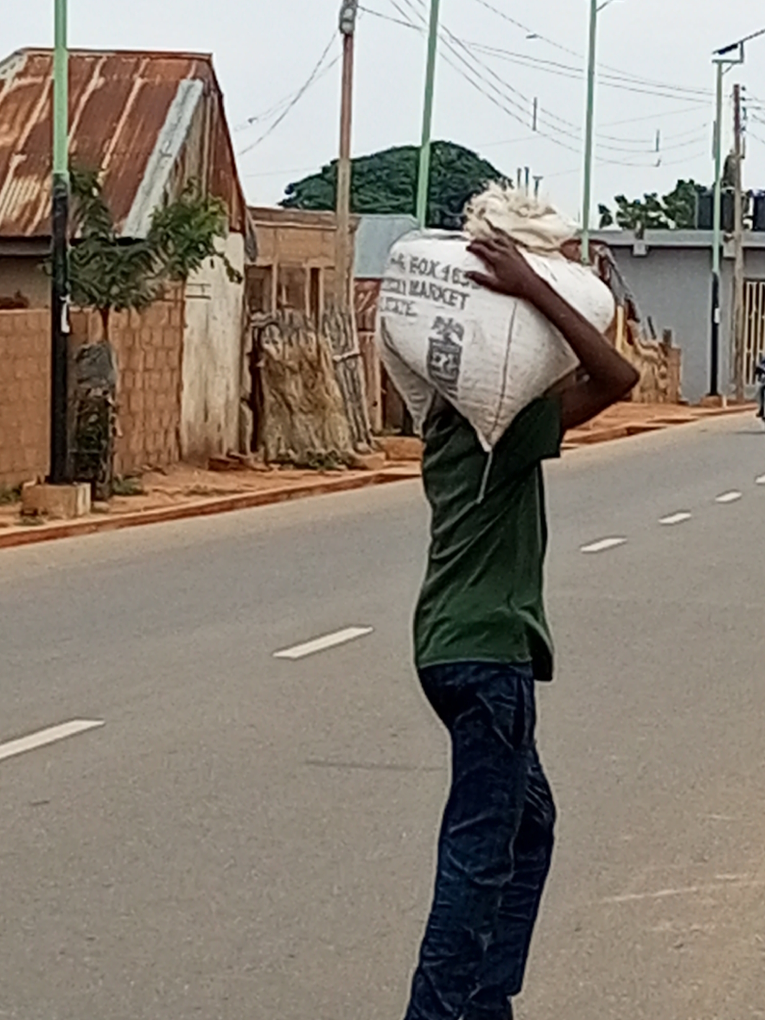 A person wearing a dark green t-shirt and dark blue pants carries a large white sack over their right shoulder, walking on a paved road in the city of Gombe, Nigeria. The sack appears to be made of woven material and has some writing on it, partially obscured. The person's left hand is resting on top of the sack. The road has visible white line markings. In the background, there are buildings with corrugated iron roofs, brick walls, and some vegetation. Utility poles and power lines are also present. The sky is overcast.