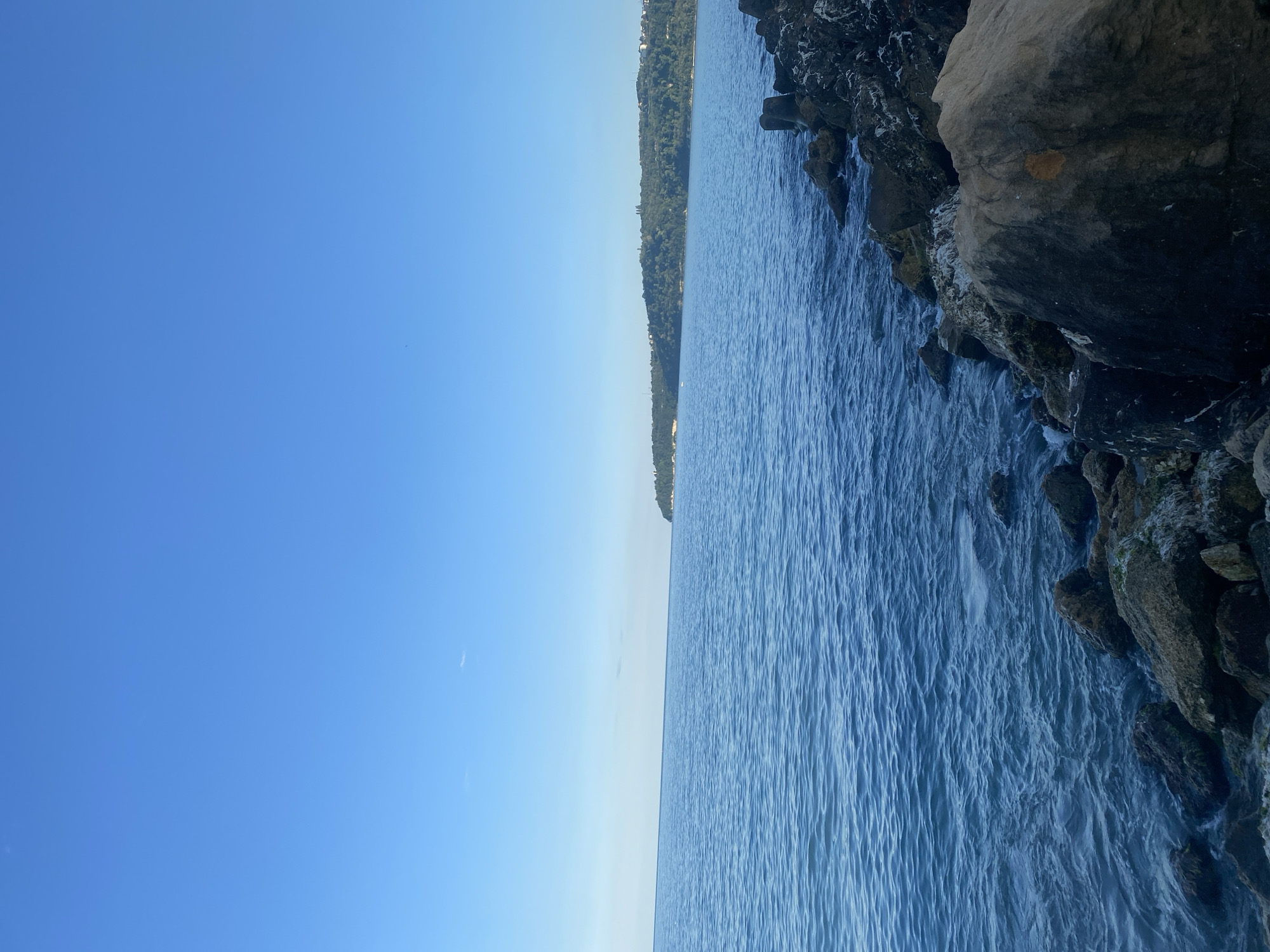 The image captures a serene coastal view with the clear blue waters of the Black Sea extending towards a distant, tree-covered coastline. The foreground is dominated by a rocky shoreline, with various sizes of stones and boulders creating a textured, natural barrier against the gentle waves. The sky above is a vast expanse of clear, bright blue, indicating fair weather. In the distance, the landmass is verdant with trees, suggesting a natural or park-like area, with hints of structures or buildings visible amidst the greenery, possibly part of Varna's urban landscape stretching along the coast. The overall impression is one of natural beauty and tranquility, characteristic of Varna's coastal environment.