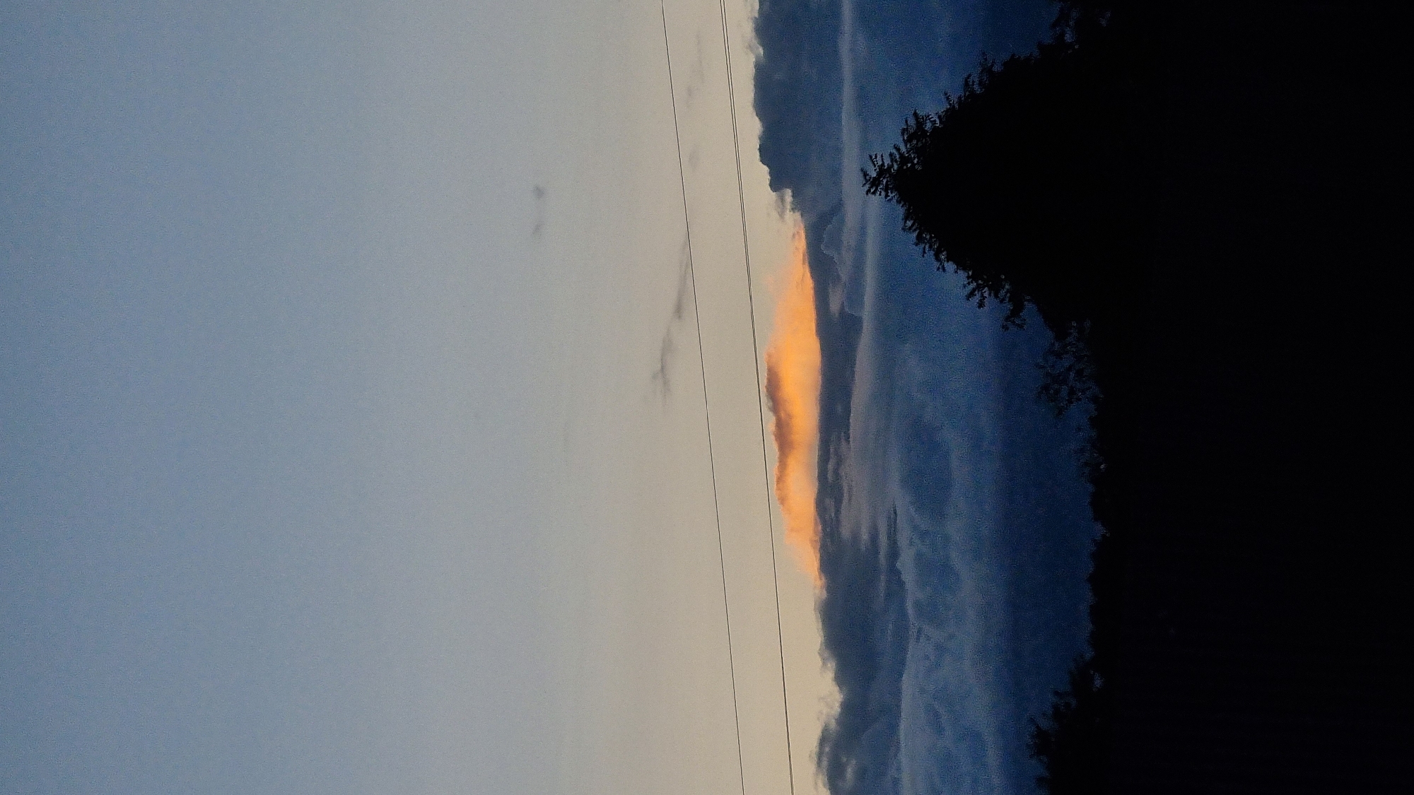 The image shows a twilight sky with clouds. A long, thin cloud band is illuminated with orange light from below, contrasting with darker, shadowed clouds beneath it. Two thin horizontal lines, likely power lines, stretch across the middle of the frame. A silhouetted tree is visible on the right side, against the darker clouds and sky. The lower portion of the image is dominated by the dark silhouettes of trees and possibly other vegetation, suggesting a rural or semi-rural landscape at dusk or dawn. The location is identified as Vysokoe, Russia.