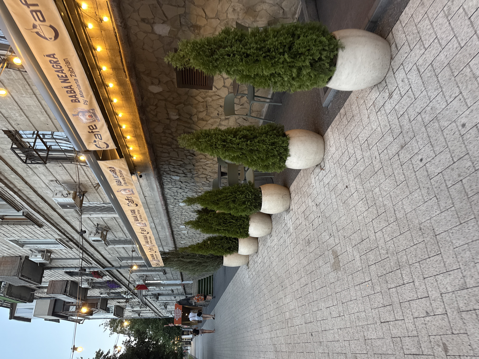 The image shows a street scene in Chișinău, Moldova, specifically along the pedestrian walkway in front of a building with a cafe named "BABA NEAGRĂ" by Mariana Zabrian. The cafe has a long awning decorated with string lights that illuminate the facade. Several large potted evergreen trees are lined up along the sidewalk, creating a decorative element. In the background, people are walking along the street. The architecture suggests an older building with balconies and air conditioning units. The ground is paved with light-colored interlocking bricks. The lighting indicates it is either early morning or late evening.