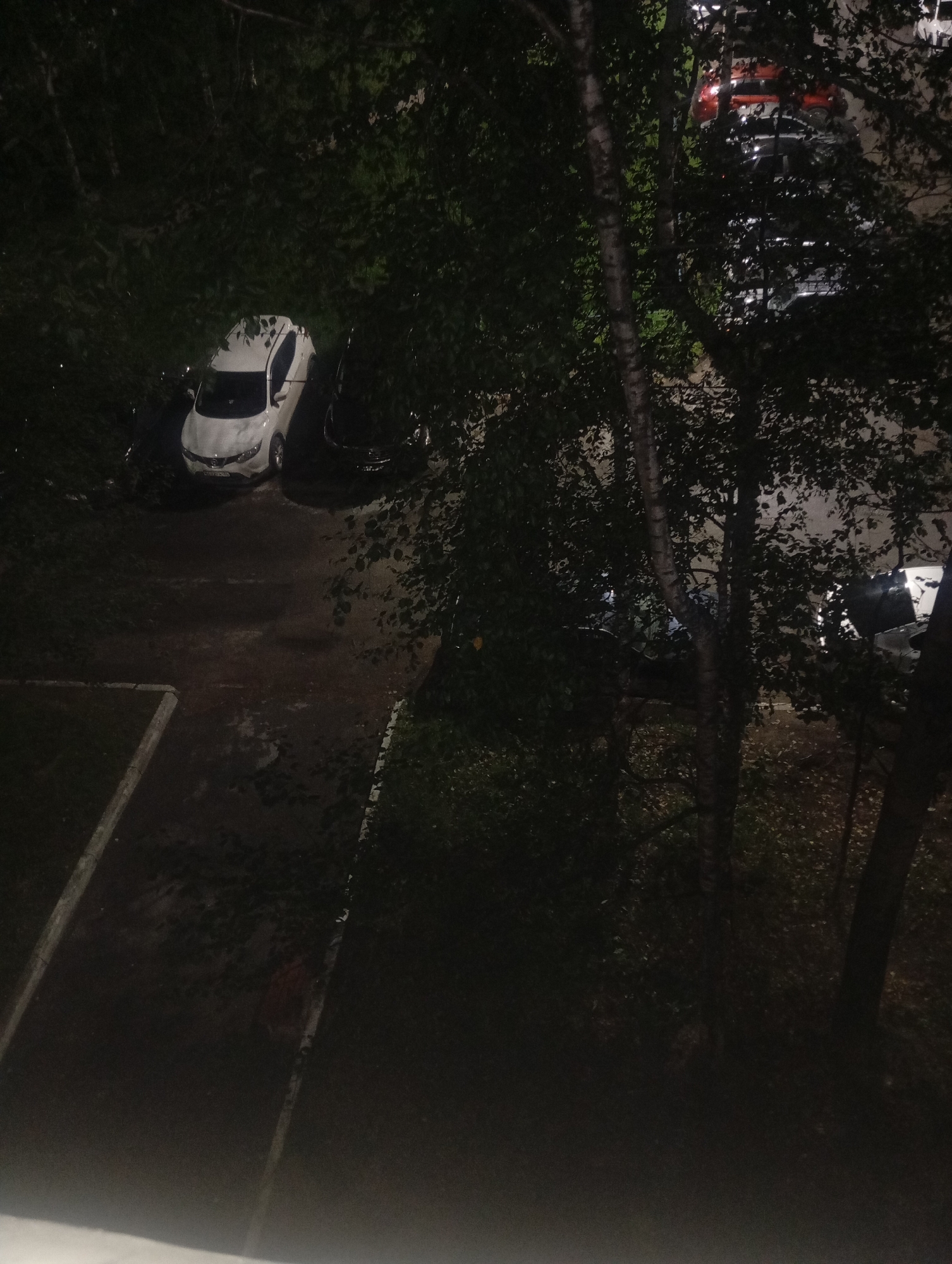 The image shows a nighttime view of a residential courtyard in Nefteyugansk, Russia. A white car is parked on a paved area surrounded by trees and foliage. Several other vehicles are visible in the background, some partially obscured by trees. The ground appears wet, suggesting recent rain. The lighting is dim, with some artificial light sources creating reflections and highlights on the vehicles and pavement. The overall scene depicts a typical urban environment at night.