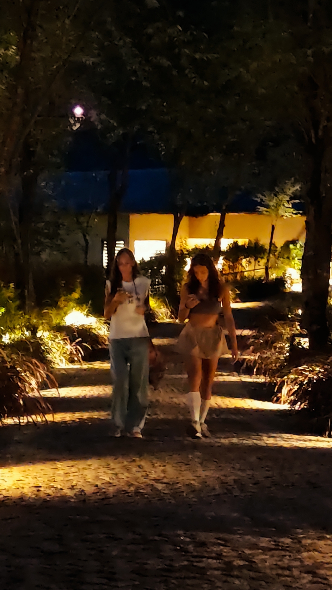 A nighttime photograph captures two young women walking along a tree-lined path in Púng Luông, Vietnam. The path, which appears to be a dirt or gravel walkway, is bordered by lush foliage and illuminated by warm, artificial lights that cast an orange glow on the ground and surrounding plants. Tall trees form an overhead canopy, creating a natural archway.
In the background, beyond the trees, structures with bright, warm-toned lighting are visible, suggesting buildings within a resort or developed area. A distinctive purple light fixture can be seen high up on a tree on the left side of the image.
The woman on the left has long, dark hair and wears a white sleeveless top with an unclear graphic and light-colored, loose-fitting pants. She holds a mobile phone with both hands, looking down at it. The woman on the right, also with long, dark hair, is dressed in a dark crop top, a light-colored mini skirt, and white knee-high socks or leg warmers. She is similarly engrossed in her phone, holding it in her right hand.
Both women are focused on their mobile devices as they walk, suggesting a casual evening stroll where they are connected to their phones. The overall scene conveys a calm and serene atmosphere in a landscaped outdoor setting. No specific text is clearly legible on their clothing or phones.