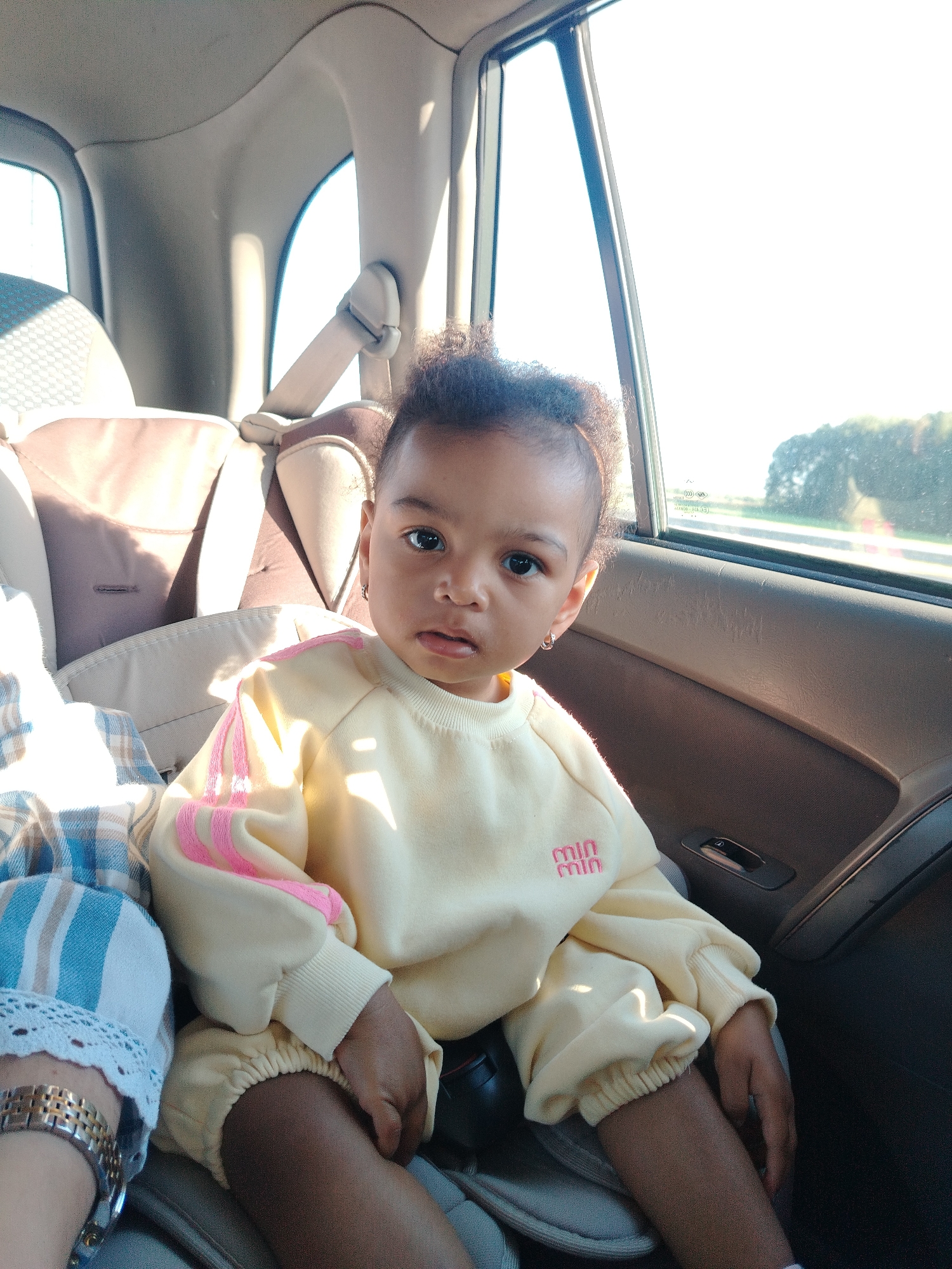 A young child with dark curly hair and brown eyes is sitting in a car seat. The child is wearing a pale yellow sweatshirt with pink stripes on the sleeves and pink embroidered text on the front. The child's left hand rests on their lap, while their right arm is bent and their hand is resting on their leg. A plaid blanket is visible to the left of the child. The interior of the car, including the car seat and door panel, is visible. The window on the right side of the car shows a blurred view of trees and a road. The image does not contain any elements that indicate the location is Saint Petersburg, Russia.