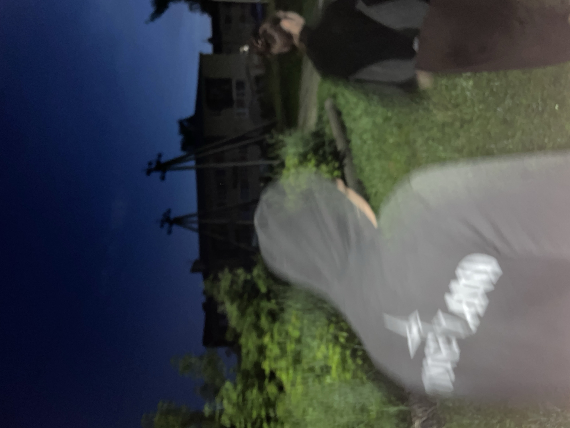 In the city of Krasnye Baki, Russia, a nighttime scene unfolds. Two figures are visible in the foreground, walking on a grassy area. The figure on the left is wearing a dark hooded sweatshirt with a white logo or text that appears to read "DELLAND". The figure on the right is wearing a dark top with a lighter back panel and has their hair in a bun. In the background, two utility poles with crossbars are prominent against the dark blue night sky. Behind the poles, low-rise buildings, possibly apartment blocks, are visible. Lush green foliage, likely trees and bushes, surrounds the area. The lighting suggests it is twilight or that artificial lights are minimal.