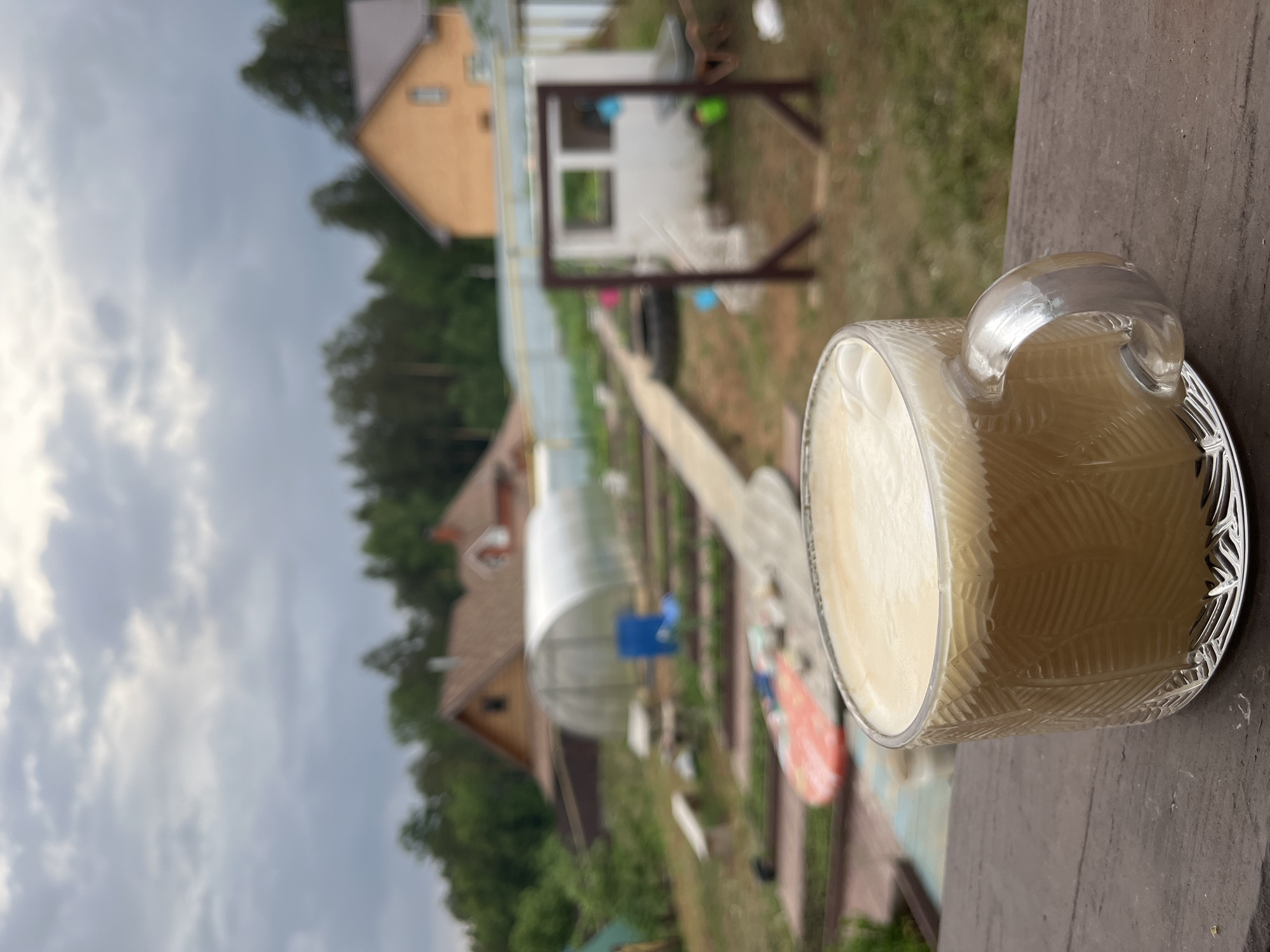 The image depicts a glass mug filled with a light-colored liquid, possibly coffee or milk, sitting on a dark brown, weathered wooden surface. In the background, there's a blurry scene of a rural or suburban area, likely a garden. Visible elements include houses with light brown facades and dark roofs, a greenhouse with a semi-transparent covering, and various gardening structures or equipment, such as a white frame and blue containers. The sky above is cloudy and overcast. Based on the prompt, this image would be located in Chaikovsky, Russia.