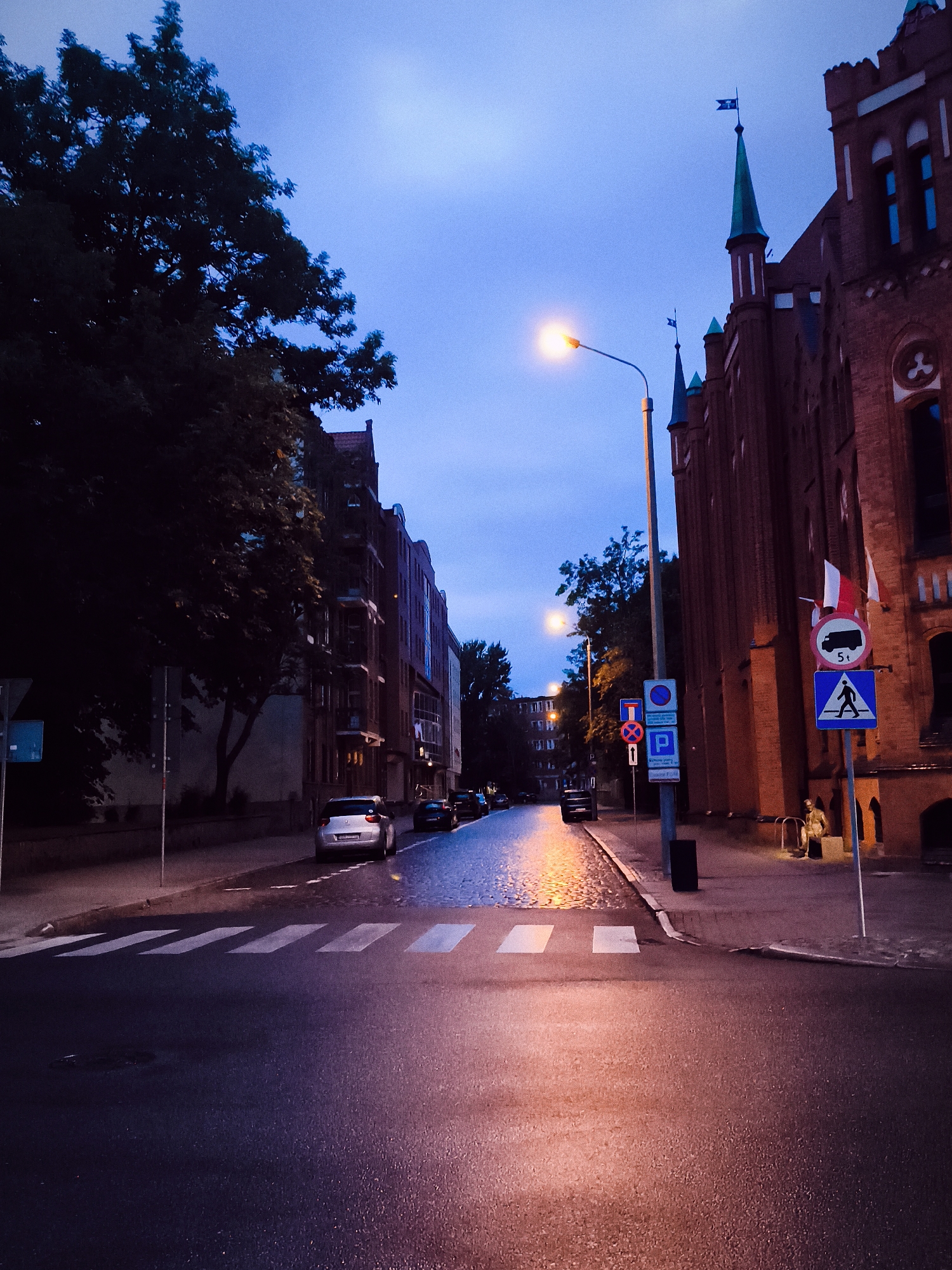 The image depicts a street scene in Gdańsk, Poland, at dusk. A cobblestone street is illuminated by streetlights, reflecting on the wet pavement. Red brick buildings, characteristic of the city's architecture, line the right side of the street, featuring Gothic Revival elements such as pointed spires. On the left, a dark, leafy tree stands in front of a multi-story building. Several cars are parked along the sidewalk and on the street. Traffic signs, including a pedestrian crossing sign and a parking sign, are visible. A solitary person is seated on a bench near the building on the right. The sky is a deep blue, indicating twilight.