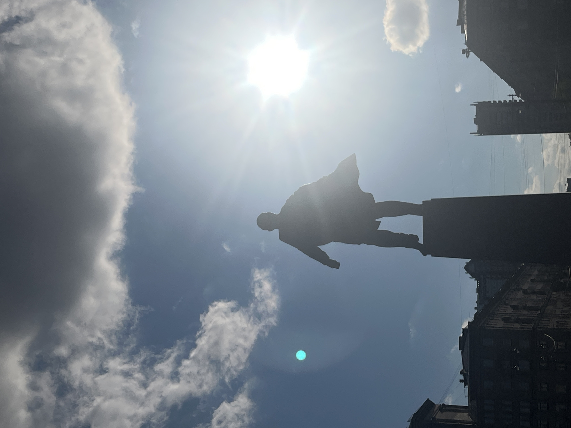 A low-angle shot shows a statue silhouetted against a bright sky with the sun as a prominent glare. Clouds are visible on the left side of the frame. Buildings are positioned on the right side of the frame. The statue appears to be of Vladimir Lenin, suggesting a location in Saint Petersburg, Russia.