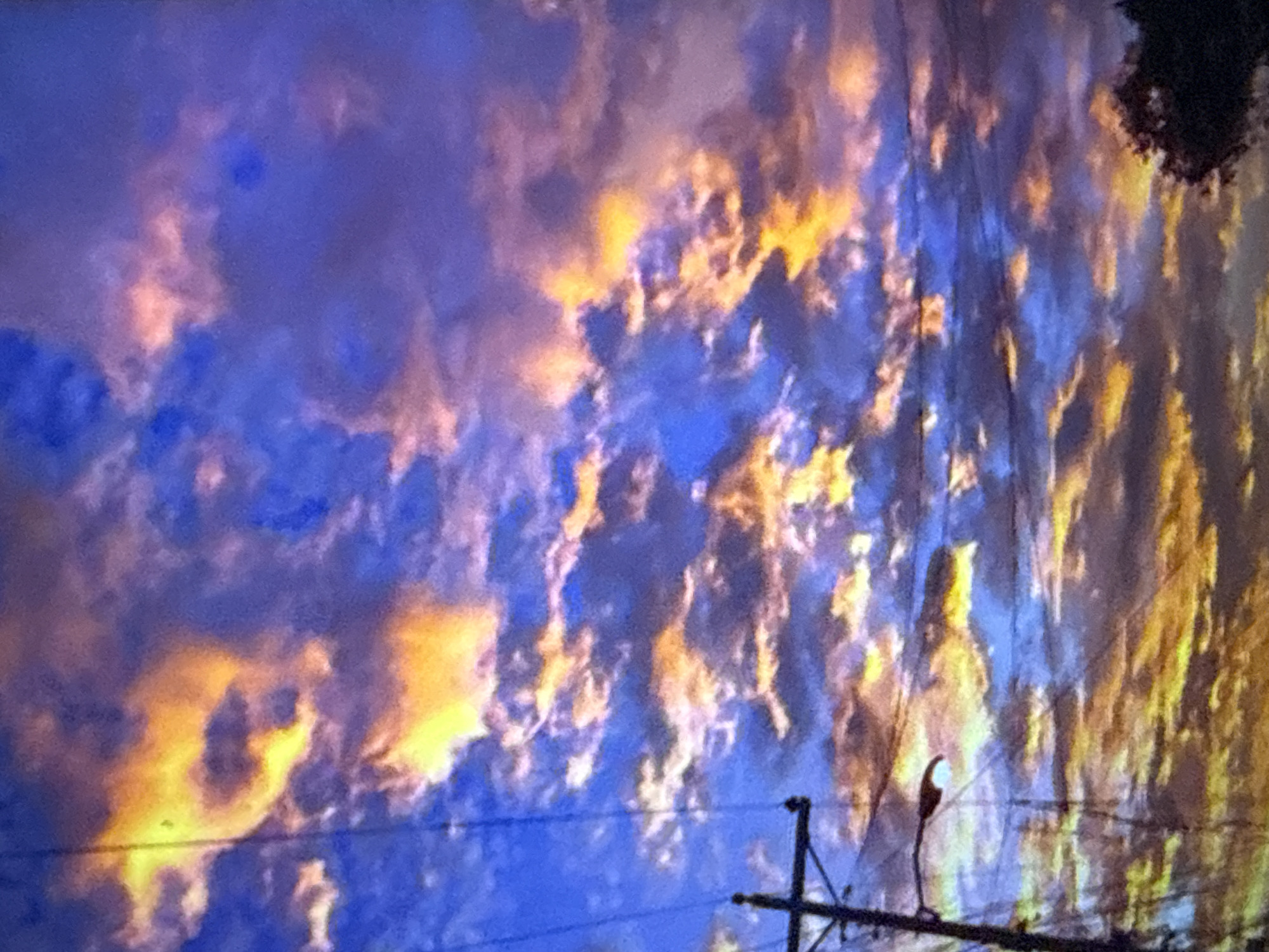 An upward-angle, medium shot captures a dramatic sunset sky filled with textured, colorful clouds. The clouds are a vibrant mix of deep blues, purples, and fiery oranges and yellows, suggesting the sun is low on the horizon. In the lower left portion of the frame, a silhouette of a wooden utility pole with crossbars and a streetlamp is visible against the colorful sky. Additionally, power lines extend horizontally across the image. The far right edge of the frame shows the dark silhouette of a tree. The scene appears to be an outdoor urban or suburban environment.