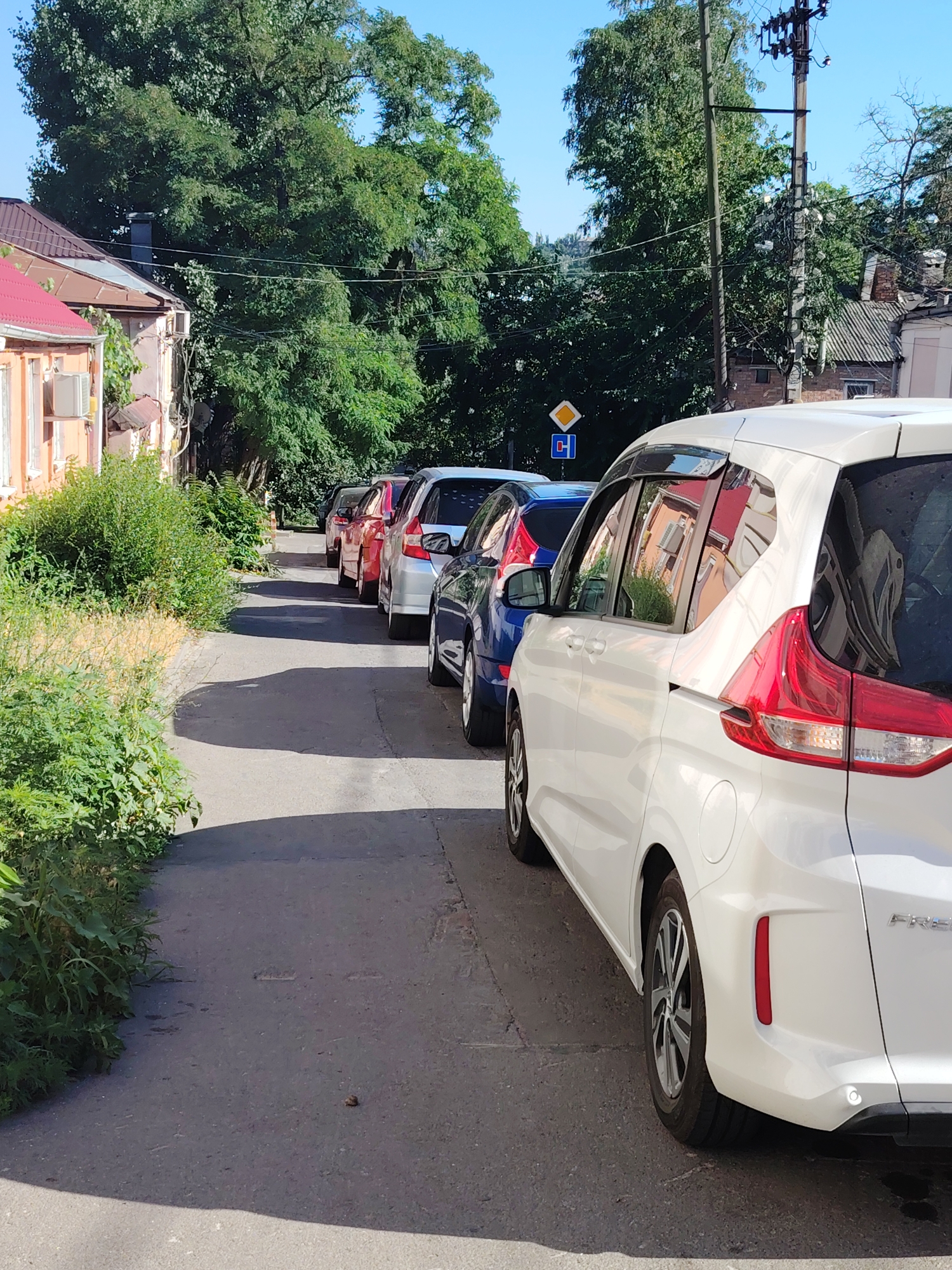 A line of cars is parked on a paved city street in Rostov-on-Don, Russia. The cars are parked bumper to bumper on the right side of the street. The cars are white, blue, and red. The street is lined with buildings on the left and trees on the right. The sky is blue. There are traffic signs in the background.