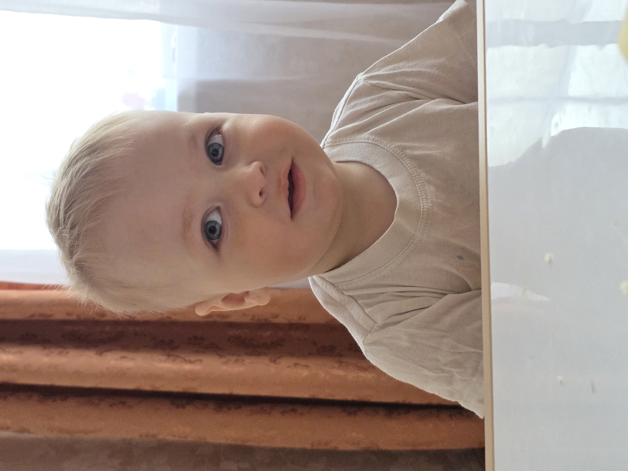 A fair-skinned toddler with blonde hair and blue eyes is peering over a table edge. The child wears a light beige long-sleeved shirt. Behind the child are light brown curtains and a white curtain. The location is presumed to be in Chaikovsky, Russia, based on implicit knowledge.