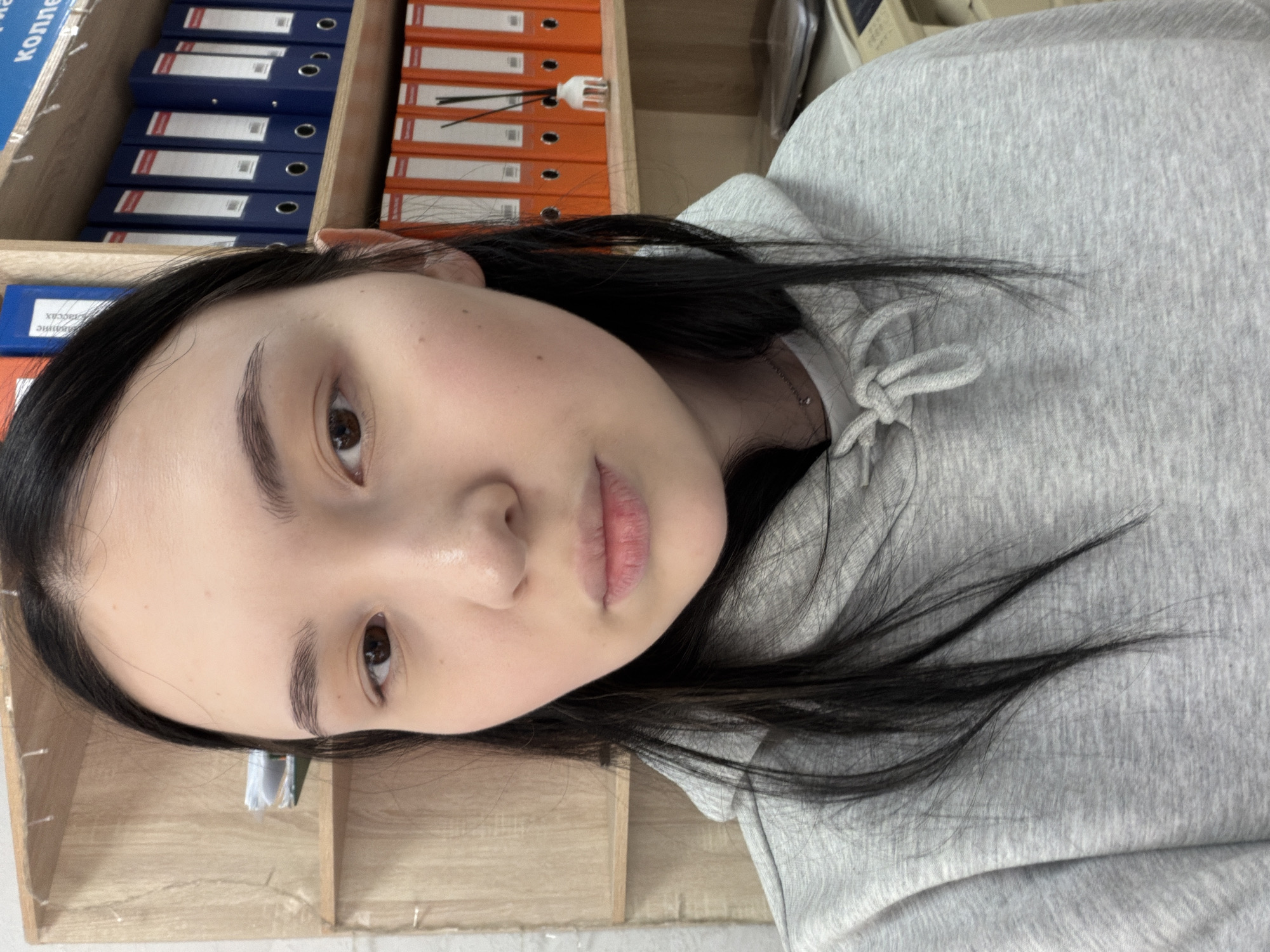 A portrait-oriented image features a young woman in an indoor setting. She has fair skin, long dark hair that falls over her shoulders, and dark brown eyes. Her eyebrows are well-defined, and her lips are naturally pink. She wears a grey hooded sweatshirt, with the drawstring ties visible around her neck. Her expression is neutral and calm as she looks directly towards the viewer.
The background, slightly out of focus, reveals a wooden shelving unit filled with office binders. On the top shelf, there are several dark blue binders, followed by a row of orange binders below them. A closer inspection of the blue binders reveals Cyrillic text, with fragments like "Колледж" (College) and "Зачетных" (of record books/grade books) and "классах" (classes) partially legible, suggesting an educational or administrative environment. A small white plastic fork with black ties or straws is also visible on the shelf among the orange binders. A faint silver necklace is visible around the woman's neck. The overall scene suggests a casual moment captured in a study or office space, located in Chaikovsky, Russia.