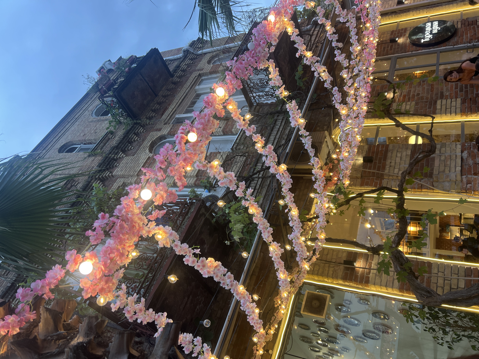 The image depicts a building facade adorned with strings of artificial pink flowers and warm-toned string lights, creating a festive atmosphere. The building appears to be made of brick and has multiple windows and balconies. Some greenery, possibly from plants on the balconies or a nearby palm tree, is visible. In the foreground, a bare, twisted tree branch with a few leaves extends into the frame. A sign with Cyrillic lettering, reading "Турецкая кухня" (Turkish Cuisine), is visible on the right side of the building. Below the awning, a woman is seated, looking to her left. The scene is likely a street-facing view of a restaurant or cafe in Sokhumi, Abkhazia.