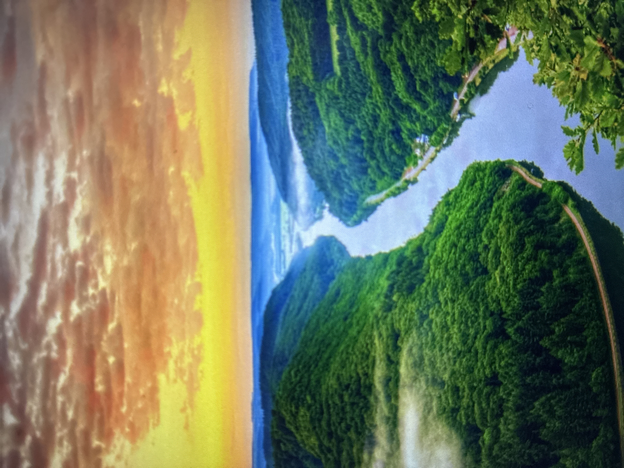 The image presents a stunning natural landscape, capturing a panoramic view of forested mountains and a winding body of water under a dramatic sky. The sky, dominating the upper portion of the scene, is ablaze with vibrant hues of orange, yellow, and reddish-brown, strongly suggesting either sunrise or sunset. Scattered clouds are illuminated by the intense light, creating a dynamic and colorful backdrop.
Below the radiant sky, a tranquil body of water, likely a river or a lake, gracefully carves its path through the valley. Its surface reflects subtle shades of blue, hinting at the atmospheric conditions above.
On either side of the water, lush, green mountains rise majestically, blanketed in dense forests. The verdant foliage covers the slopes entirely, creating a rich tapestry of nature. Thin, light-colored roads are visible, tracing winding paths along the mountain contours, implying routes through this scenic environment. A few tree branches partially frame the view from the upper right corner, adding a sense of depth.
No people or specific activities are depicted, allowing the natural grandeur of the landscape to be the sole focus. The scene evokes a feeling of peacefulness and natural majesty, characteristic of a mountainous region. Given the context, this breathtaking vista is located near Asenovgrad, Bulgaria. There is no visible text in the image.